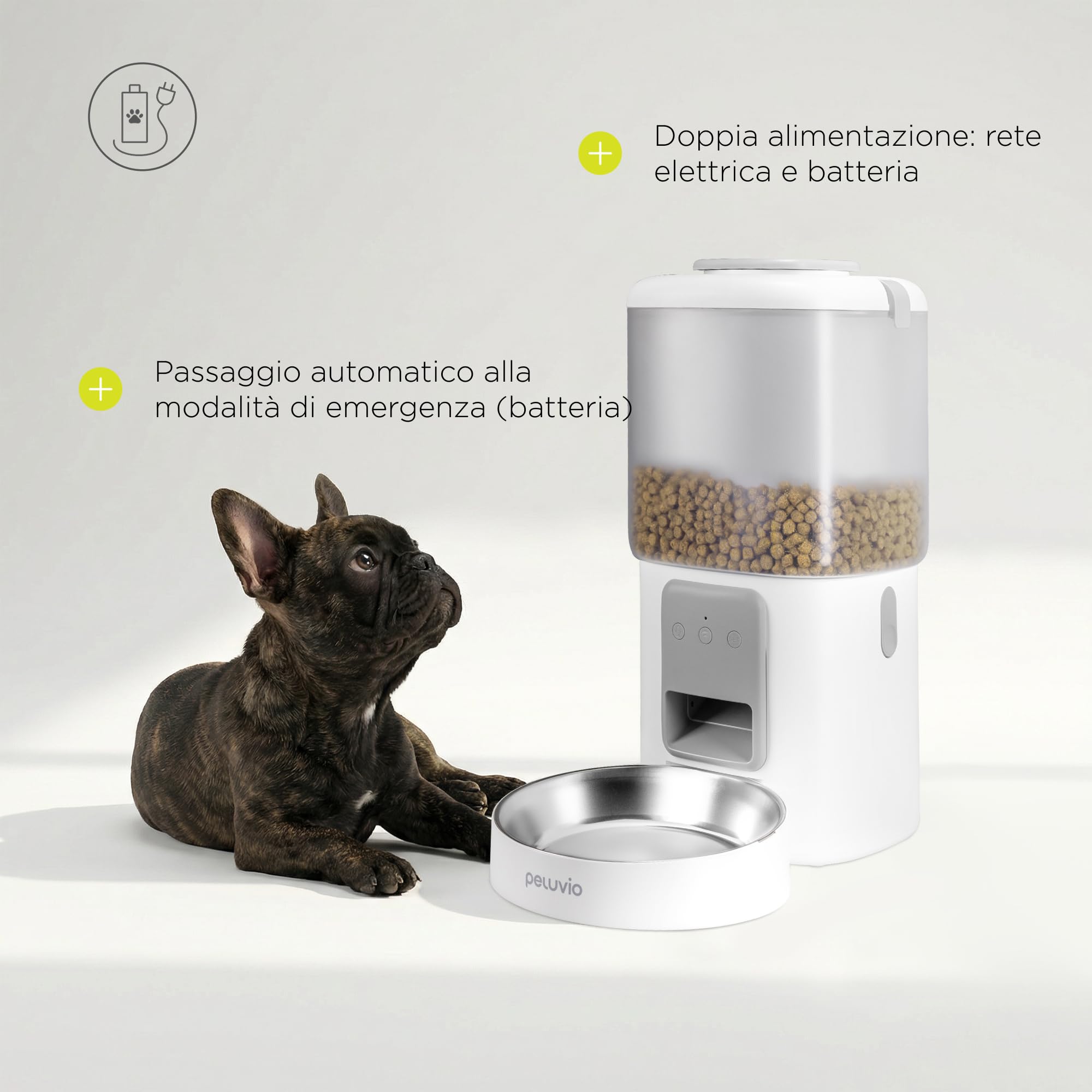 CRISPY WI-FI Distributore Automatico Cibo Cani e Gatti con WiFi e App, Capiente 4,5 L, Programmabile Timer e Porzioni, Registrazione Vocale, Ciotola in Acciaio Inox, Cavo e Batterie (Bianco) | Per Cani e Gatti, App, Timer e Porzioni Programmabili, Registr