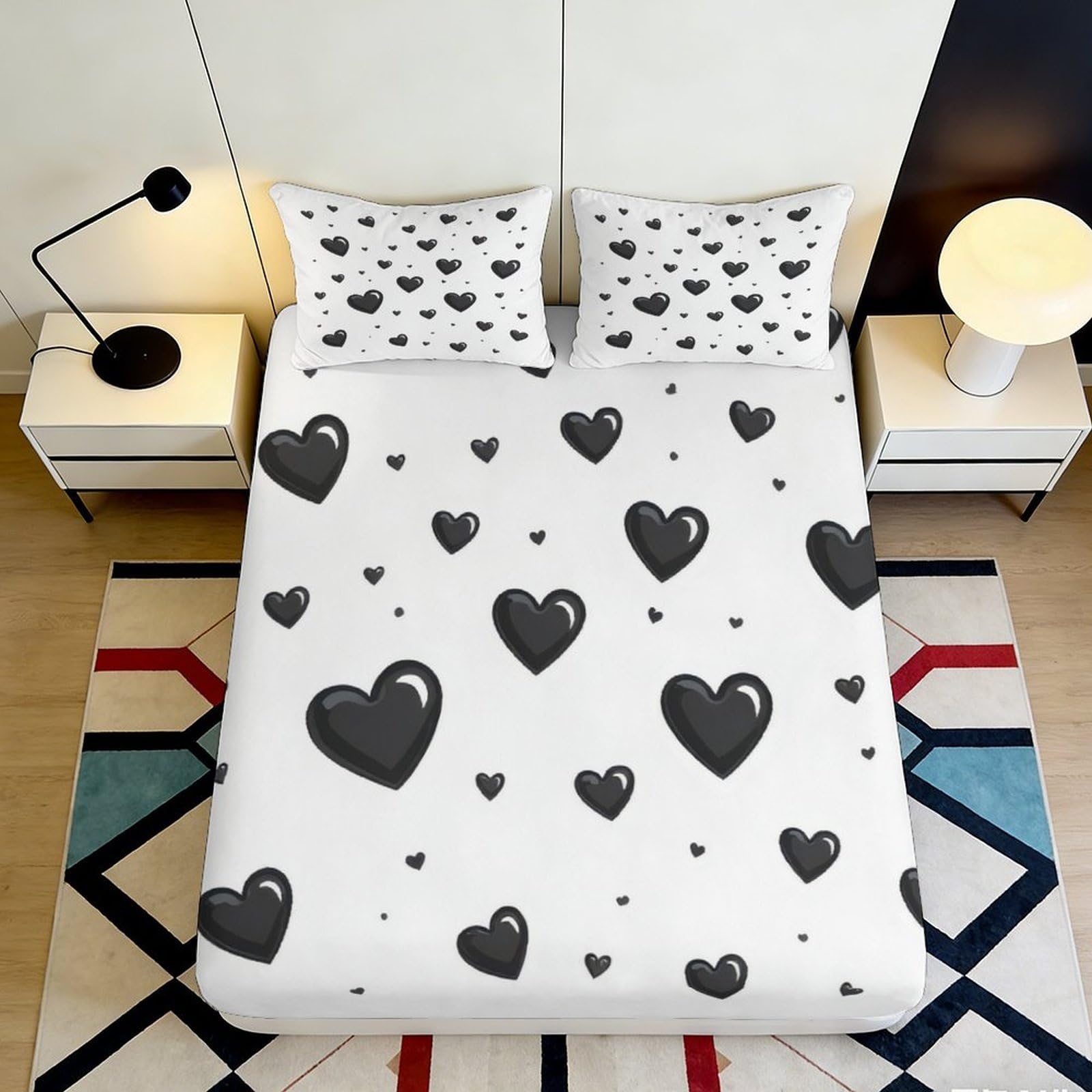 3D Printed Hearts Fitted Sheet Microfiber Deep Pocket Non-Slip for Bedroom, Adults Teens, Heart Mattress Fitted Cover Washable 200x200x25cm