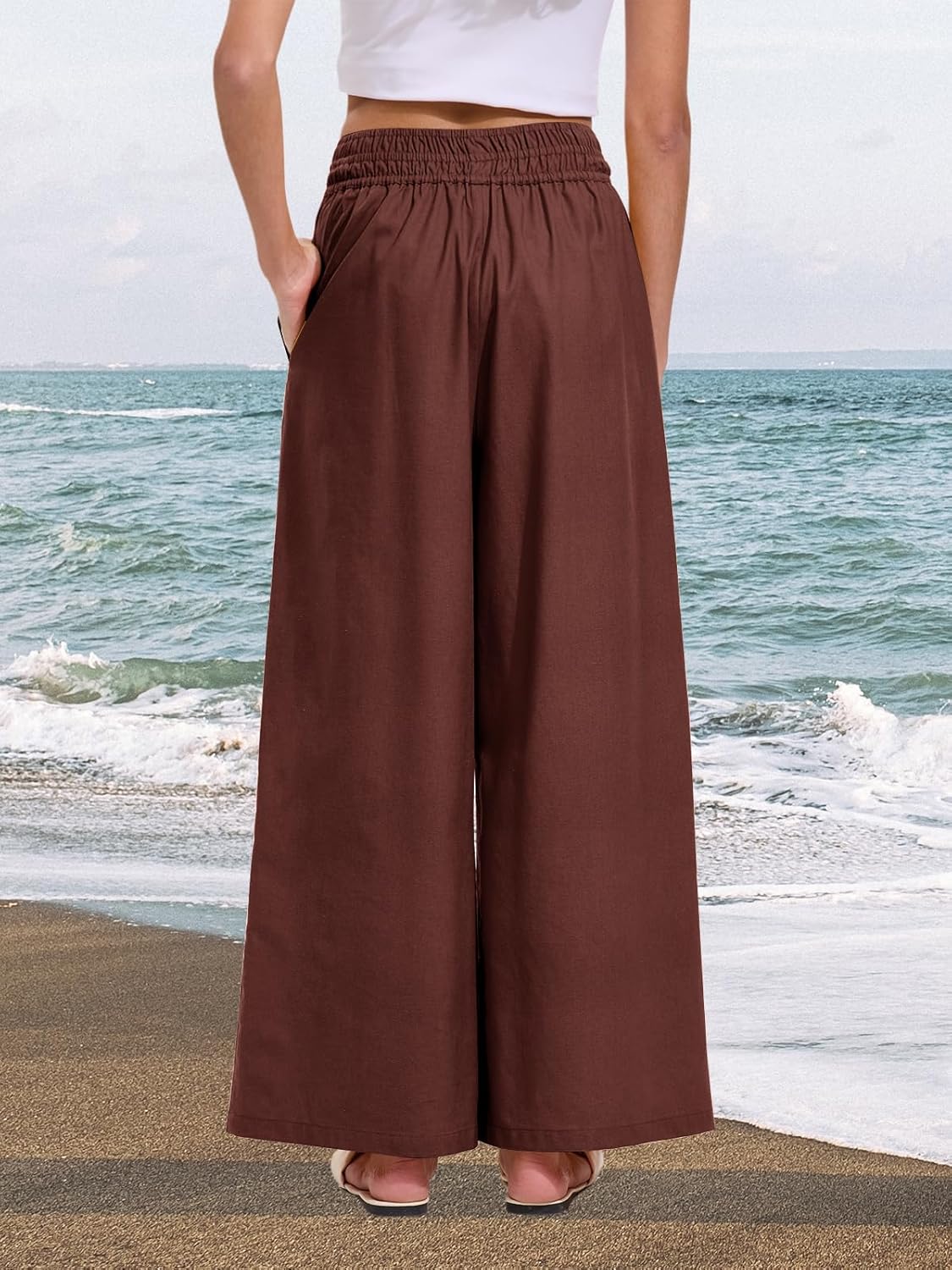 Les umes Womens Linen Wide Leg Pants High Waist Ankle Length Trousers Elastic Waist Loose Fit Casual with Pockets Summer - Image 4