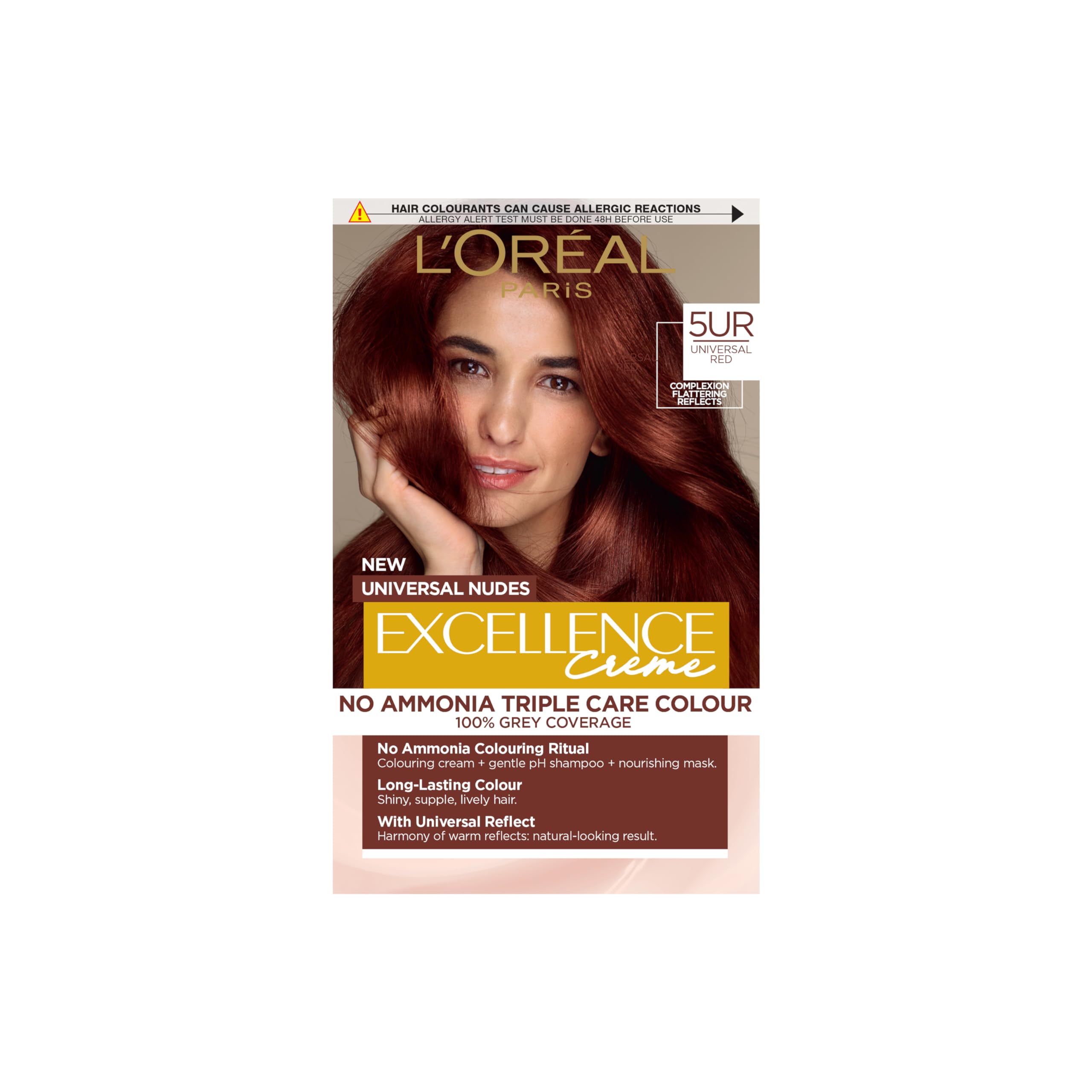 L’Oréal Excellence Permanent Hair Dye Colouring Cream, 100% Grey Coverage, With Pro-Keratin, Ammonia-Free, Universal Nudes, 5UR Red
