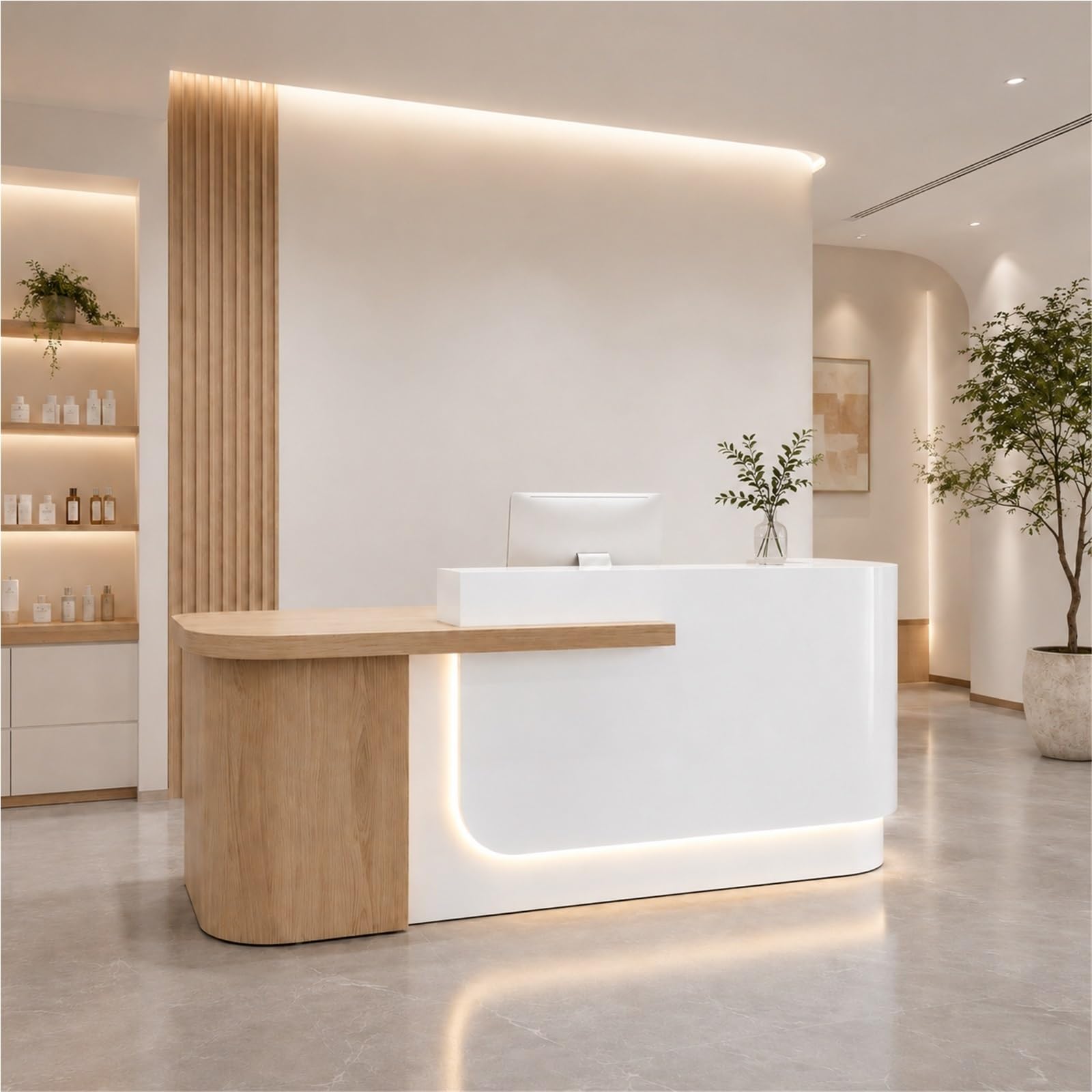 Empfangstheke Hochglanz Lackiert, Empfangstresen Büro Schreibtisch Kassentheke Mit Stauraum, L-Form Rezeptionstheke Für Büro Salon Praxis(Beige Left,150cm/59)