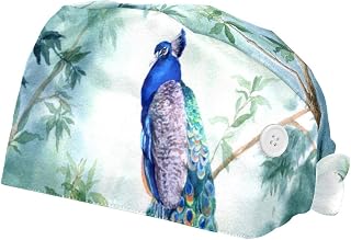 Watercolor Paradise Garden with The Peacock 2 Pack Adjustable Working Cap with Buttons Elastic Bouffant Hats Head Scarf with Sweatband for Women Men