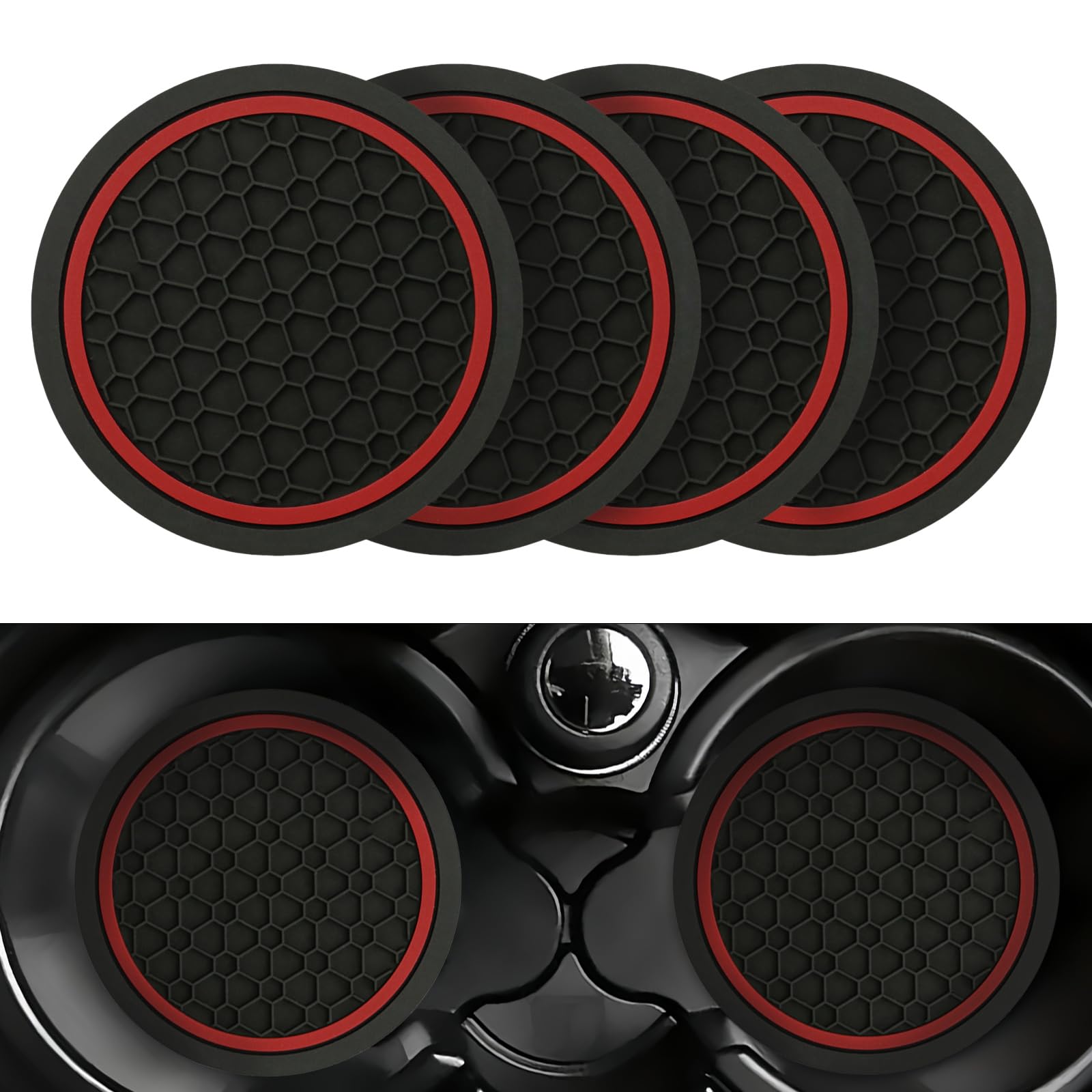 Hiahxc Blackred 4Pcs Car Cup Holder Coasters,2.75 Inch Anti-Slip Shockproof Car Coasters For Cup Holders,Non-Slip Dustproof Cup Holder Insert,Universal Insulation Cup Mats Accessories Interior For Most Cars