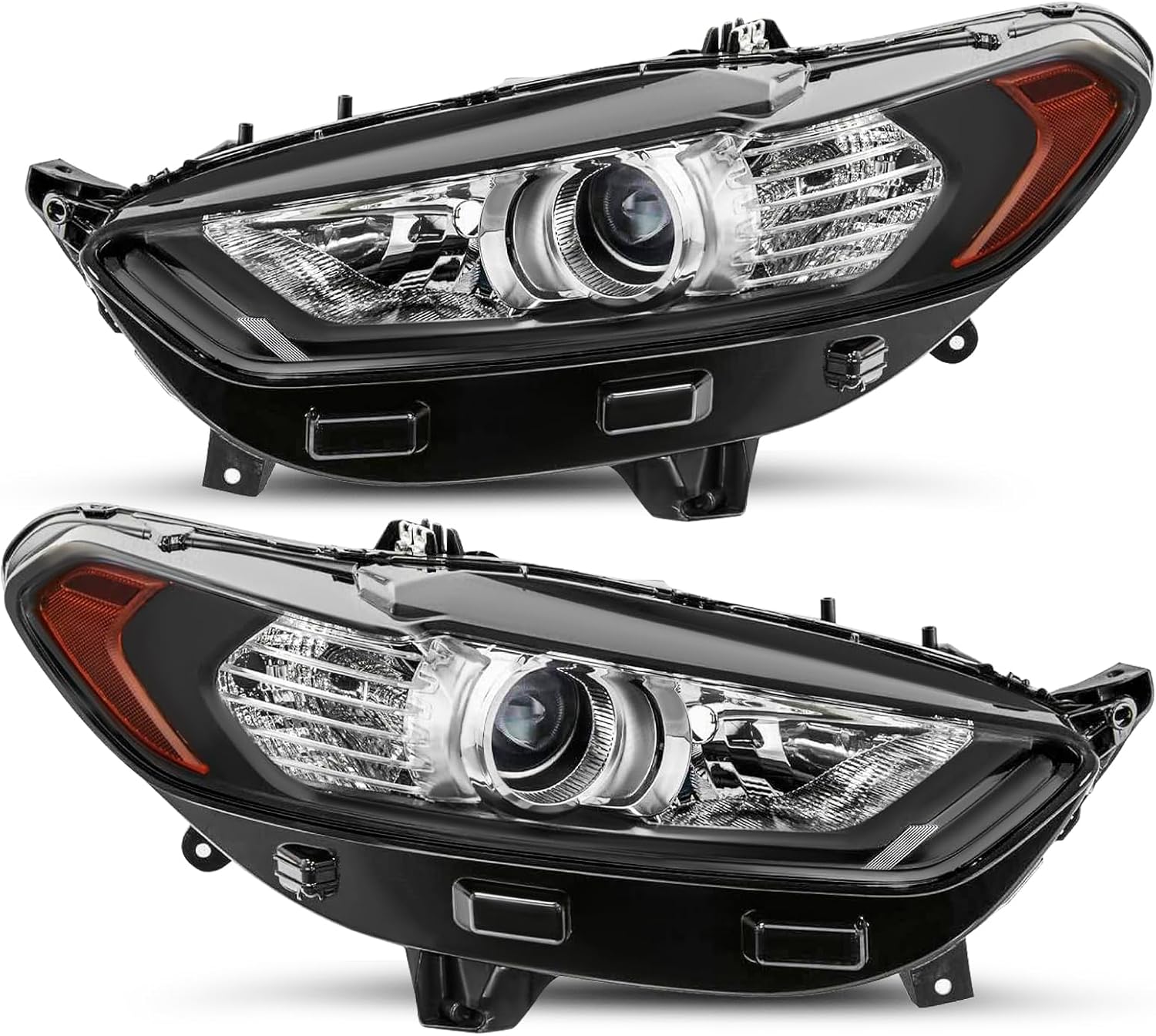 JSBOYAT Projector Headlight Assembly Replacement Fit for 2013 to 2016 Ford Fusion Headlamp (Black Housing with Amber Reflector)