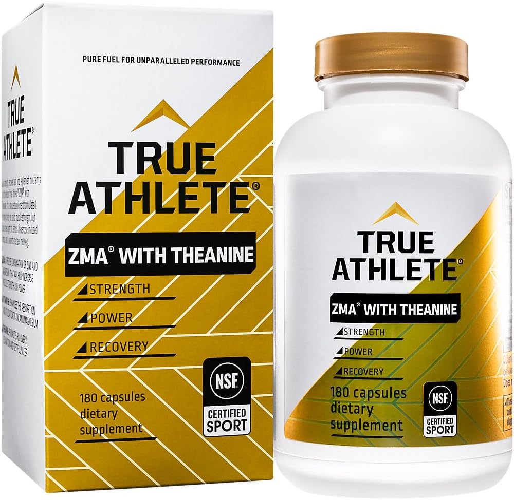 True Athlete ZMA + L Theanine Capsules, Zinc, Magnesium, and Vitamin B6 Supplement for Active Men and Women, Supports Recovery and Relaxation, Gluten Free, Sugar Free, 180 Capsules