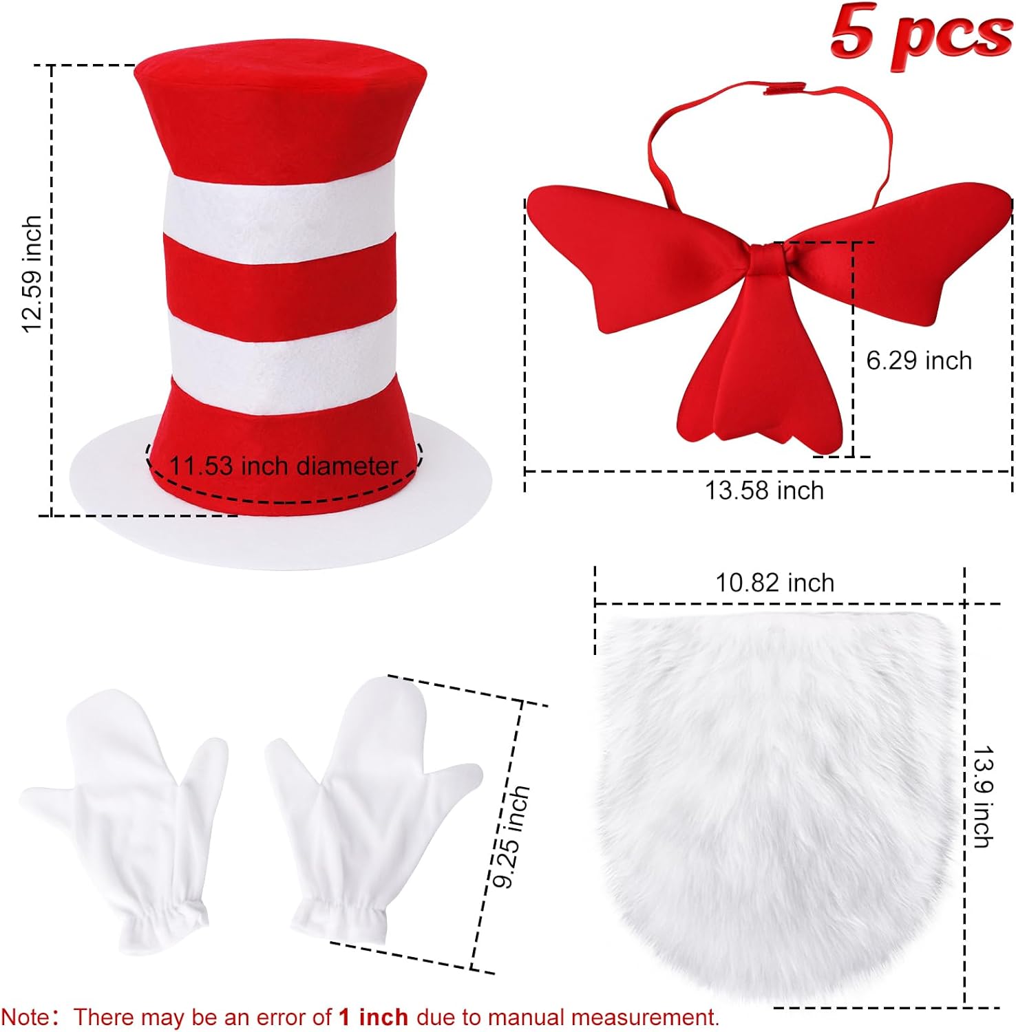 5 Pcs Hallowen Costume Accessories,Red White Striped Hats/Red Bow/White Furry/White Gloves - Image 2