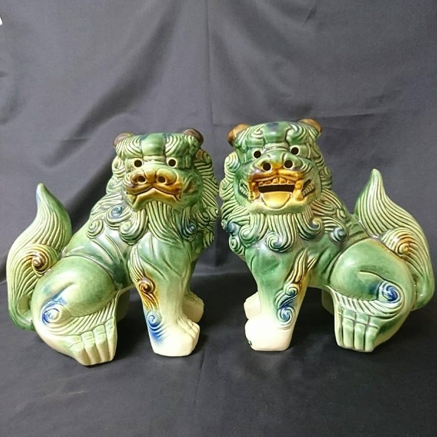 獅子 魔除け 縁起　 シーサー 置物 緑　陶器　瀬戸物　台座付き シーサー ミニシーサー 獅子 陶器風 ペア 置物 玄関 沖縄 琉球