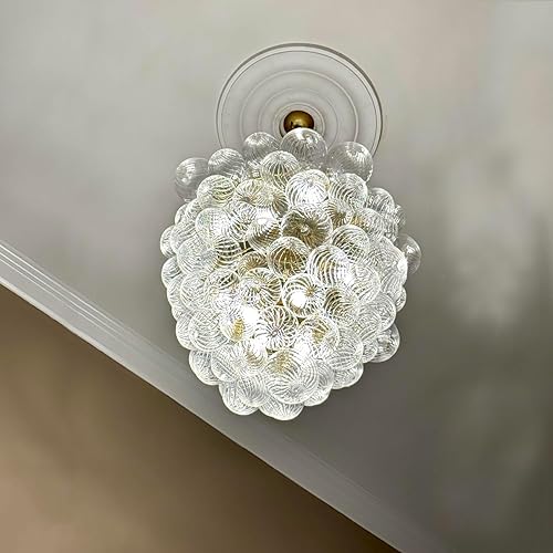 Miniatura 7 de Longree Lámpara de araña de vidrio remolinado con bola de burbujas de mediados de siglo, jaulas de 2 capas de oro dorado y vidrio soplado