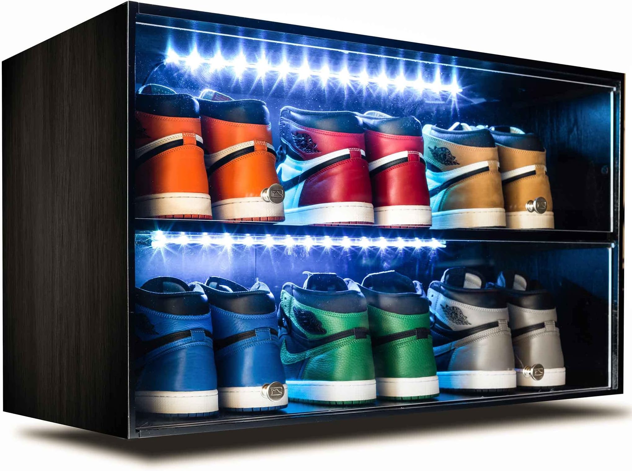 Sneaker Throne Shoe Rack with Lights for Up To 6 Pairs of Shoes, Black - Modern Wood Shoe Shelf with Sliding Doors For Closets, Bedrooms, Garages - Premium Shoe Organizers and Storage