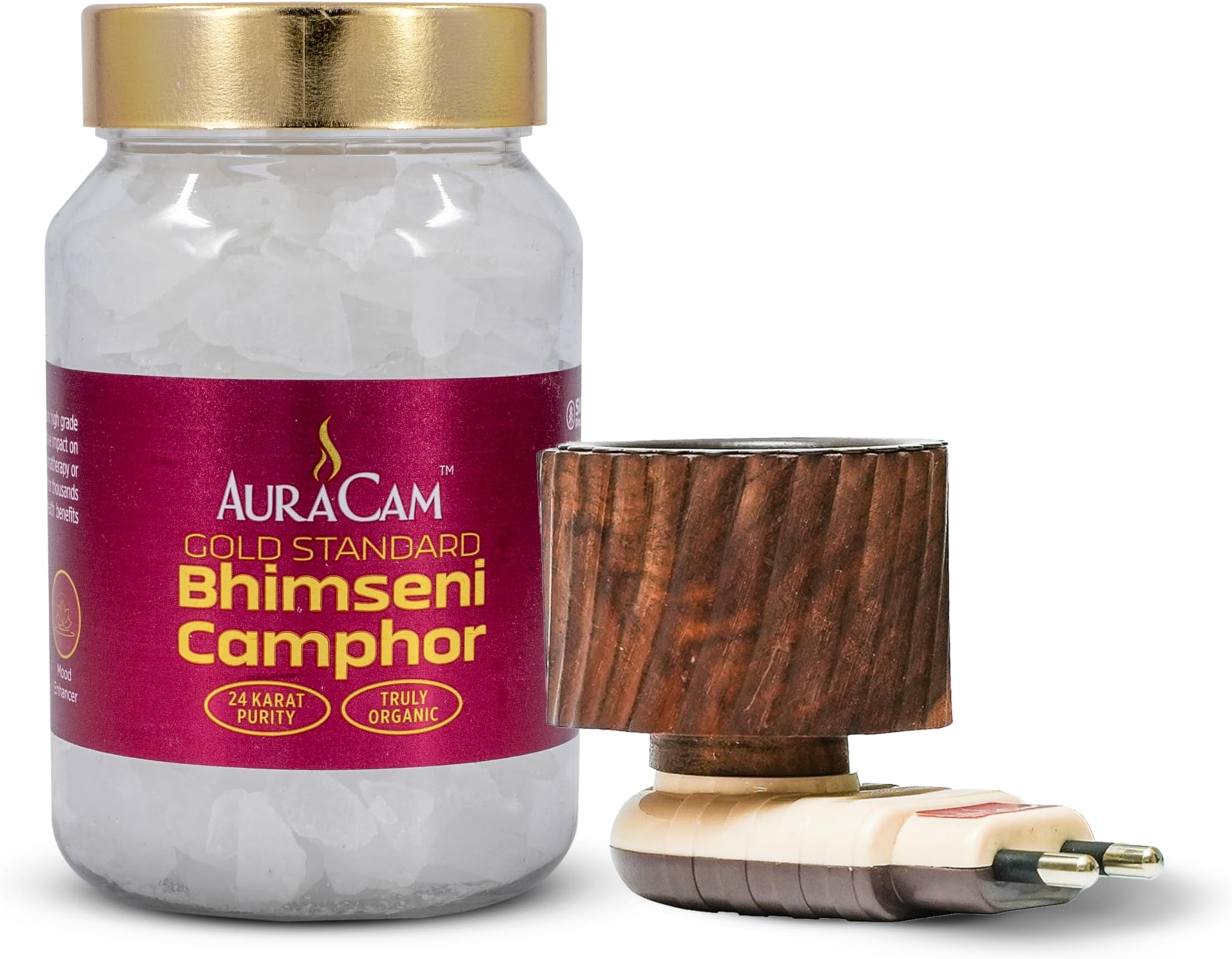 Gold Standard Bhimseni Camphor with Electrical Diffuser/Camphor/Kapoor Burner/Aromatic for Pooja, Meditation, Havan/Pure & Natural Pacha Kapoor with Stand for Home, Office (Pack 1, 100 g)