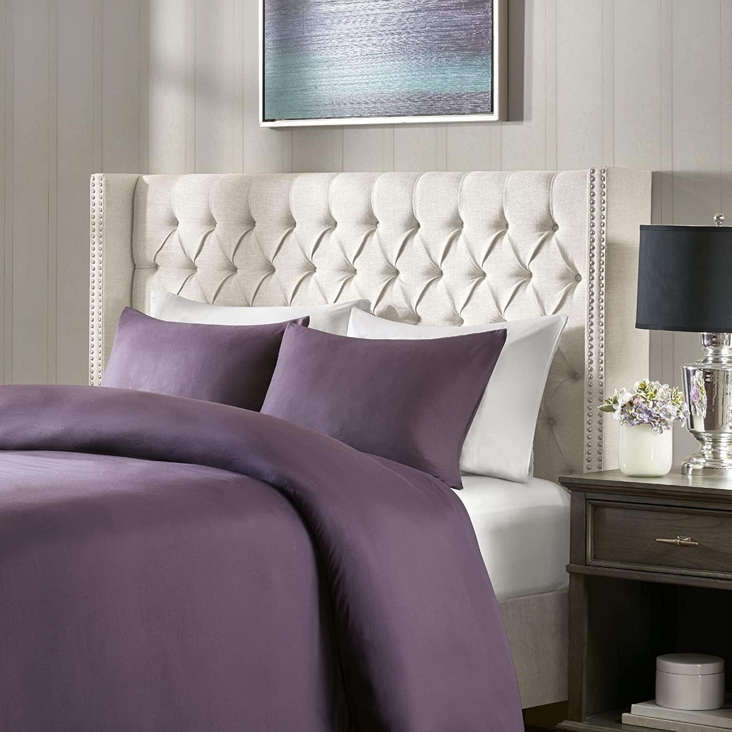 Madison Park Amelia Upholstered Headboard | Nail Head Trim Wingback Button Tufted | King, Cream