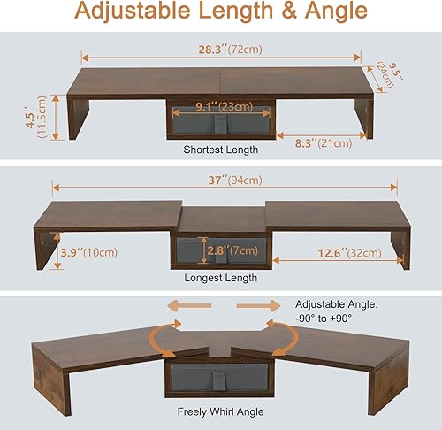 Miniatura 4 de TEAMIX Soporte elevador para monitor de 3 estantes con longitud de cajón y ángulo ajustable doble elevador de monitor con esquina de almacenamiento