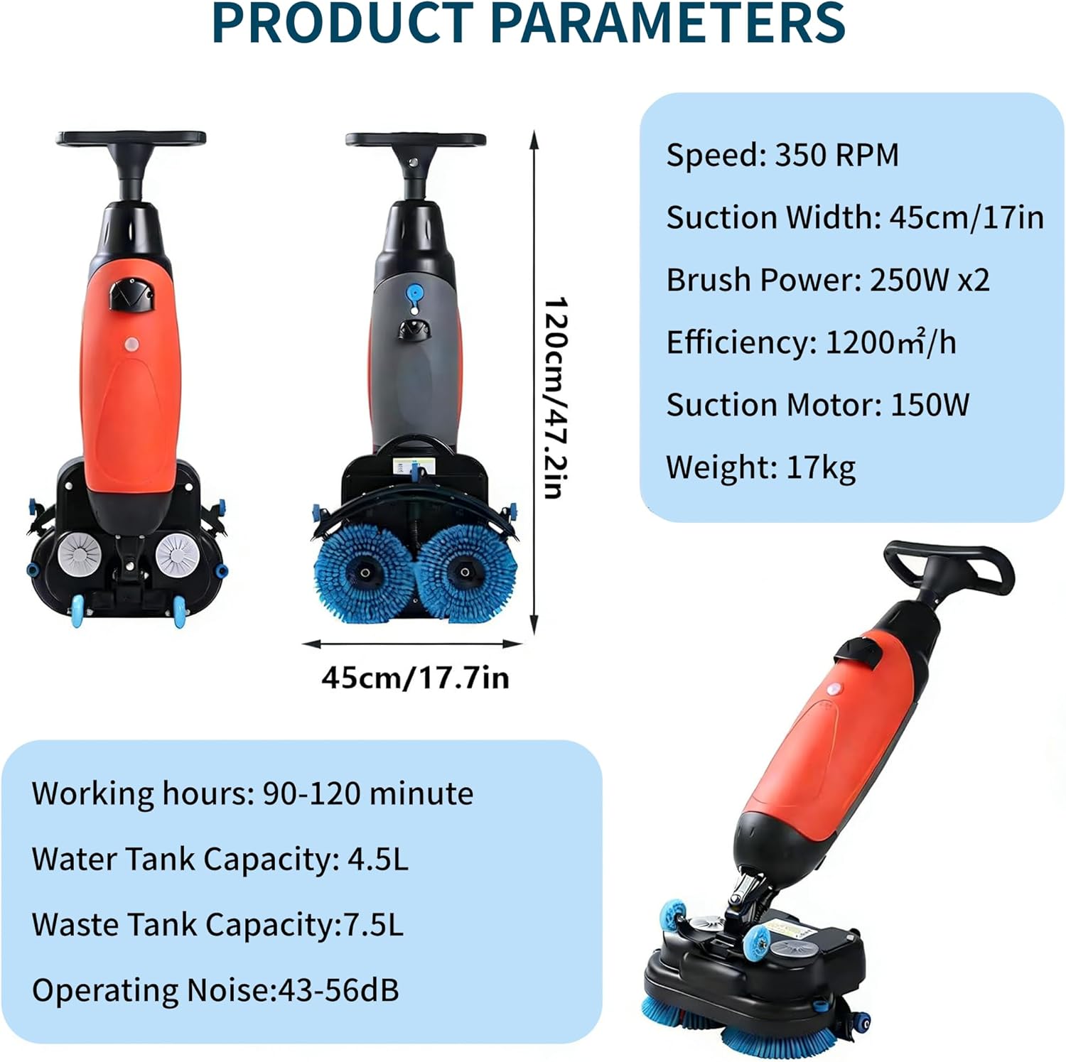 Walk Behind Automatic Floor Scrubber Machine - 17" Cleaning Width, 360° Rotating Dual Brushes, 90 Min Runtime for Commercial Spaces, Offices, Sealed Floors Gray