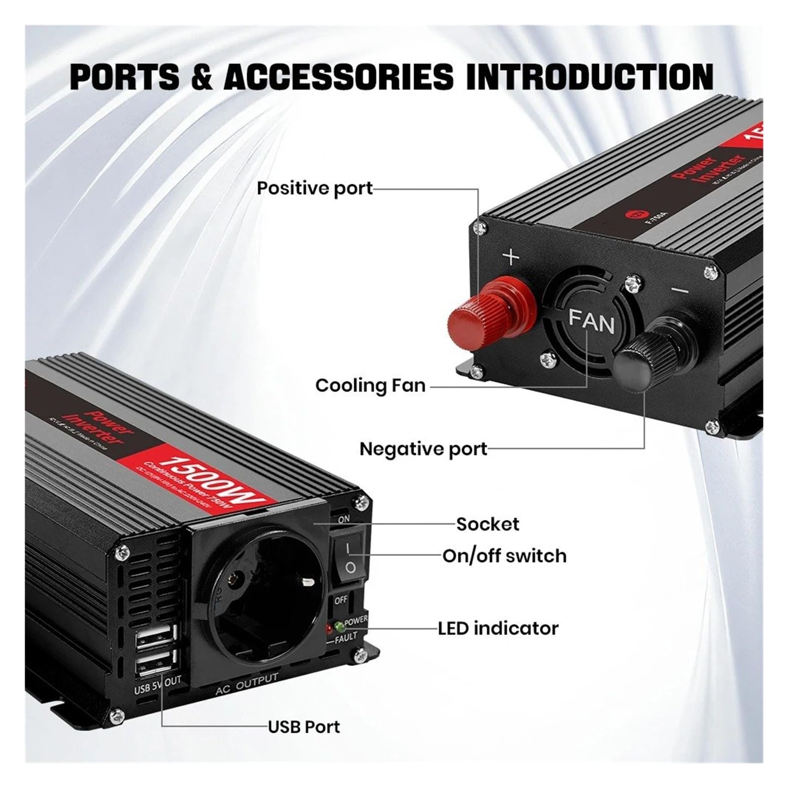 Inversor Potencia Convertidor Inversor Coche 12V 220V Potencia 500W/1500W/2000W/2600W/3000W Enchufe Europeo Automático Voltios Transformador Solar Convertidor(12V 220V 2000W)
