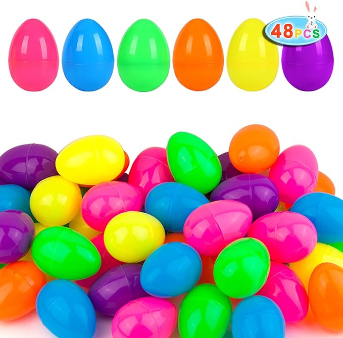 JIALWEN 48 Pieces 3.35" Plastic Easter Eggs 6 Styles Bright