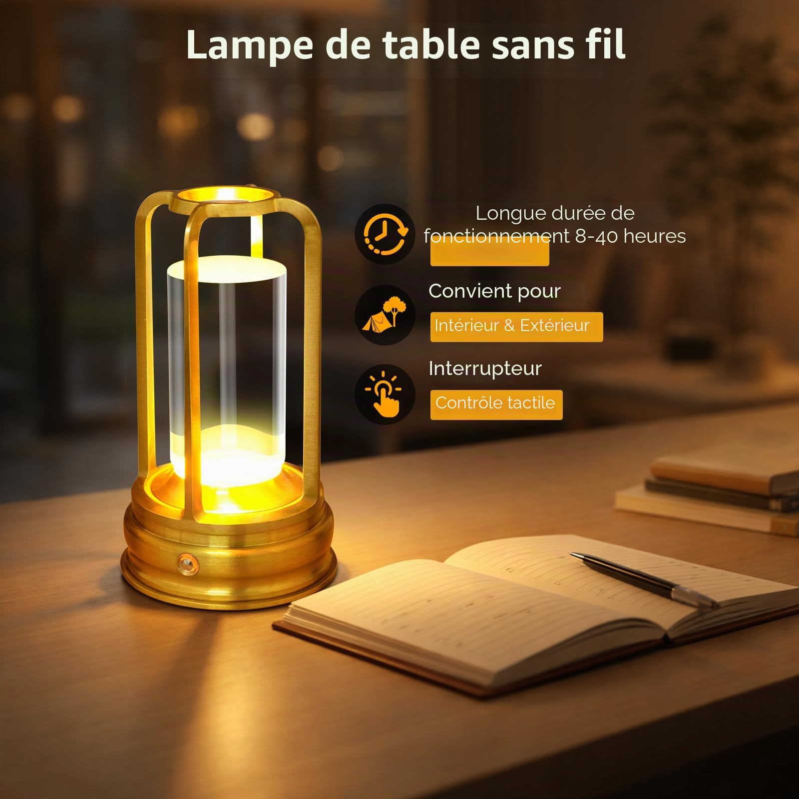 Kangtaixin Lampe de table rechargeable sans fil, lampe tactile LED portable avec 3 niveaux de luminosité, batterie 2000mAh, pour extérieur, jardin, restaurant et camping, or, lot de 2