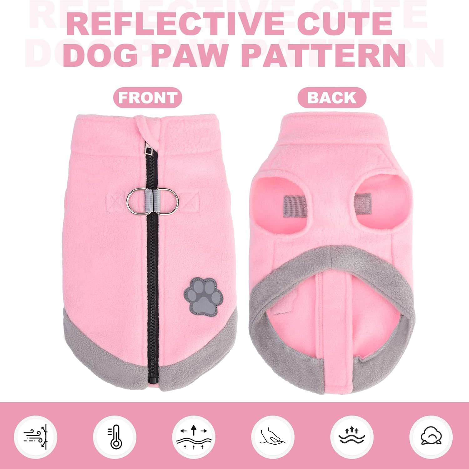 Mihachi Dog Fleece Vest Sweater Zip Up Warm Pullover Step-in Dog Jacket with Dual D-Ring Leash, Winter Cold Weather Reflective Coat Clothes Hoodie for Small Medium Dogs Puppy Cat Boy Girl, Pink XS - Image 3