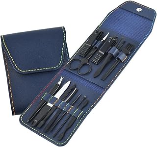 مجموعة مانيكير باديكير مكونة من 12 قطعة للعناية بالوجه واليدين والقدمين مع حقيبة جلدية سهلة الاستخدام والحمل فى اليد او الجيب اى مكان - واحدة ازرق