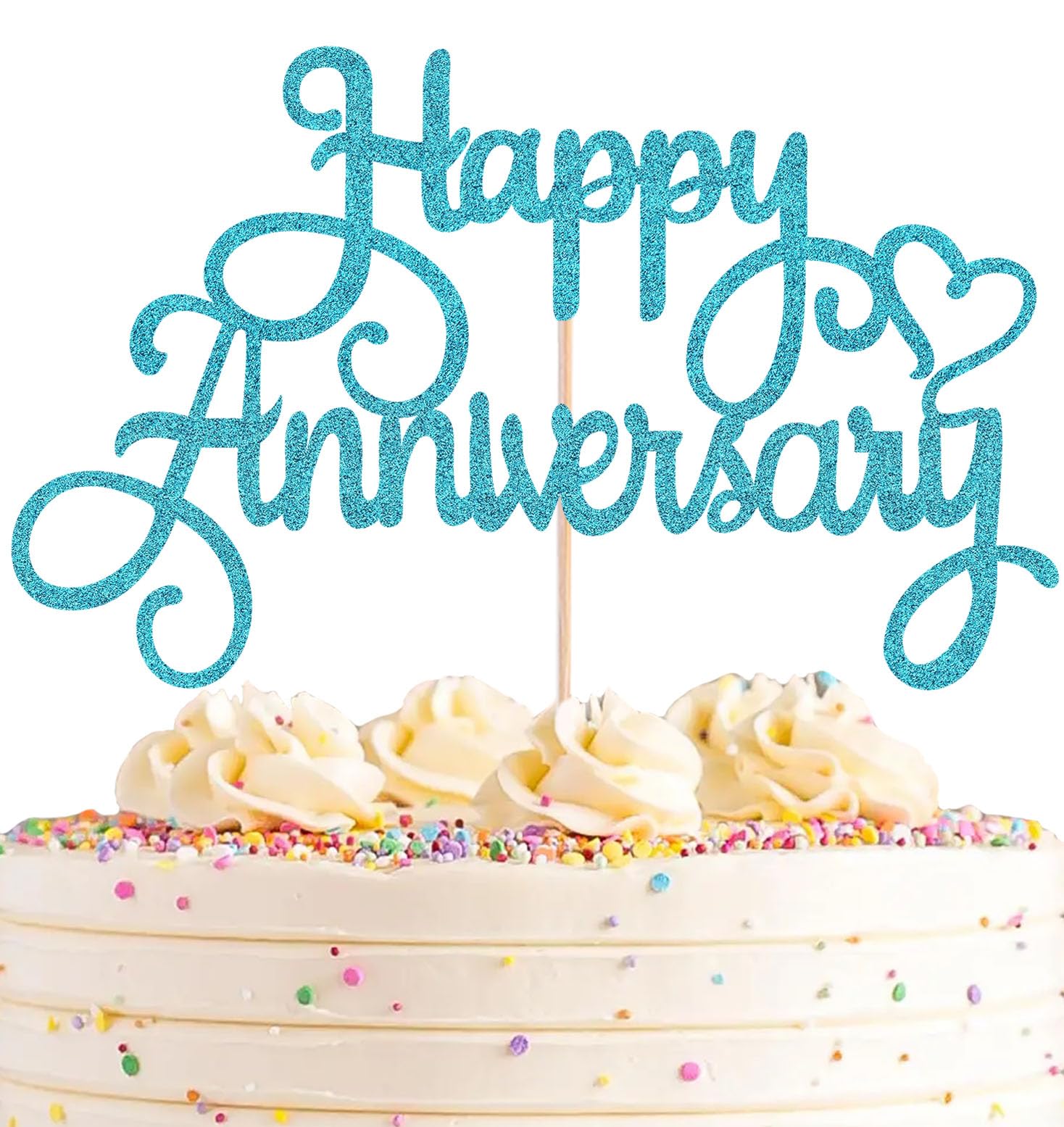 AHAORAY Happy Anniversary Cake Topper - Sky Blue Glitter Cake Decorations Supplies - Birthday Cake Bunting Decor, for Photo Booth Props