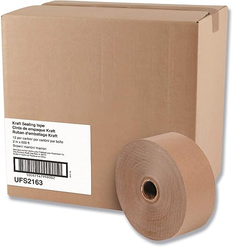 2163 Cinta de sellado Kraft engomada, no reforzada, 2 x 600 pies, 12 rollos por caja