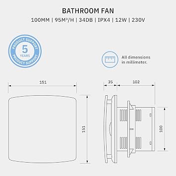 BREEZE Bathroom Extractor Fan 100mm with Over-run And Backdraft Shutter, 4 inch Bathroom Fan with Humidity Sensor, Energy Efficient, Quiet, Plastic 12 W, 95m³/h, 32db, Ipx4,