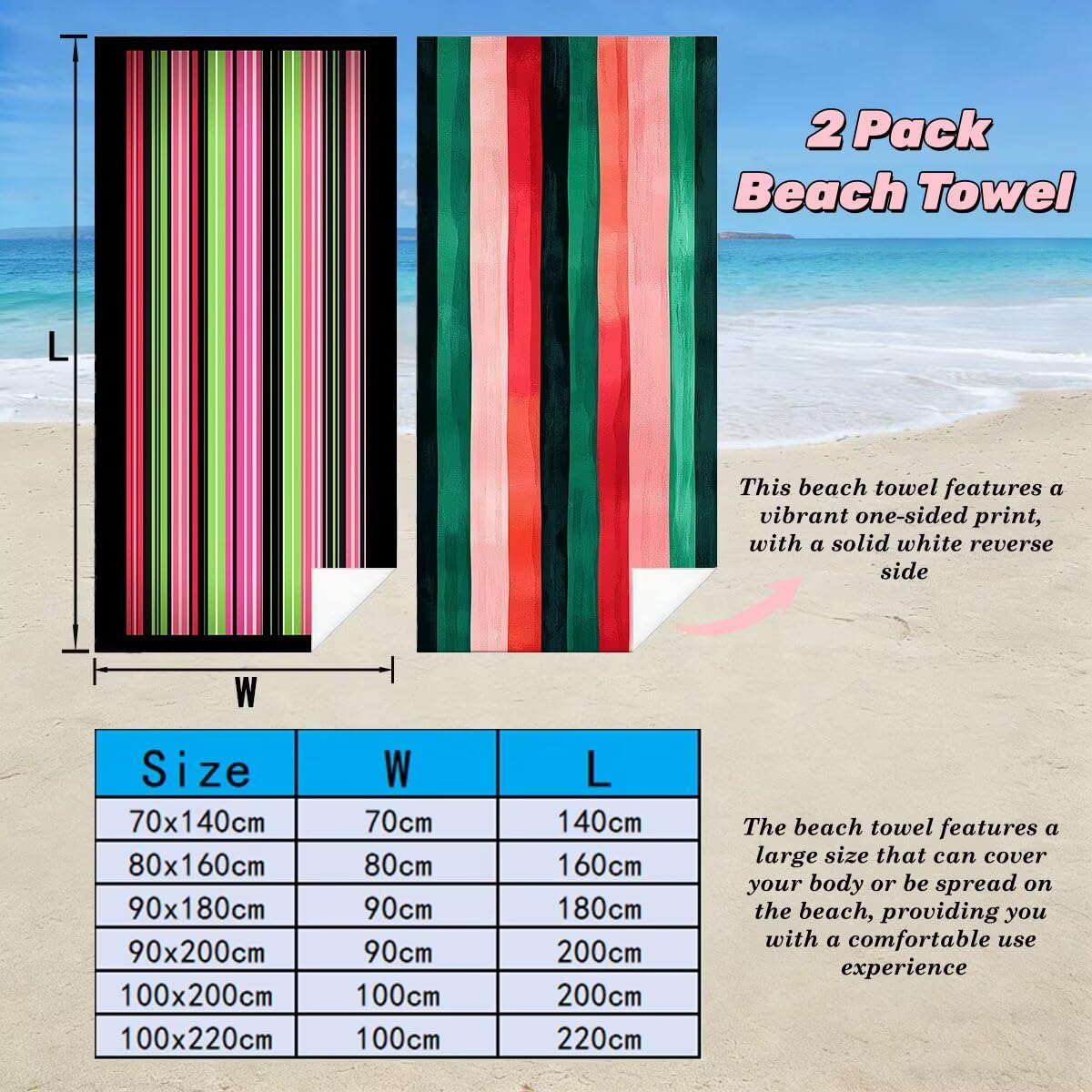 Ręcznik plażowy z mikrofibry, zestaw 2 dużych ręczników kąpielowych 100x200 cm, szybkoschnący ręcznik kąpielowy w paski, ręczniki plażowe, sportowe ręczniki z mikrofibry do podróży -3882