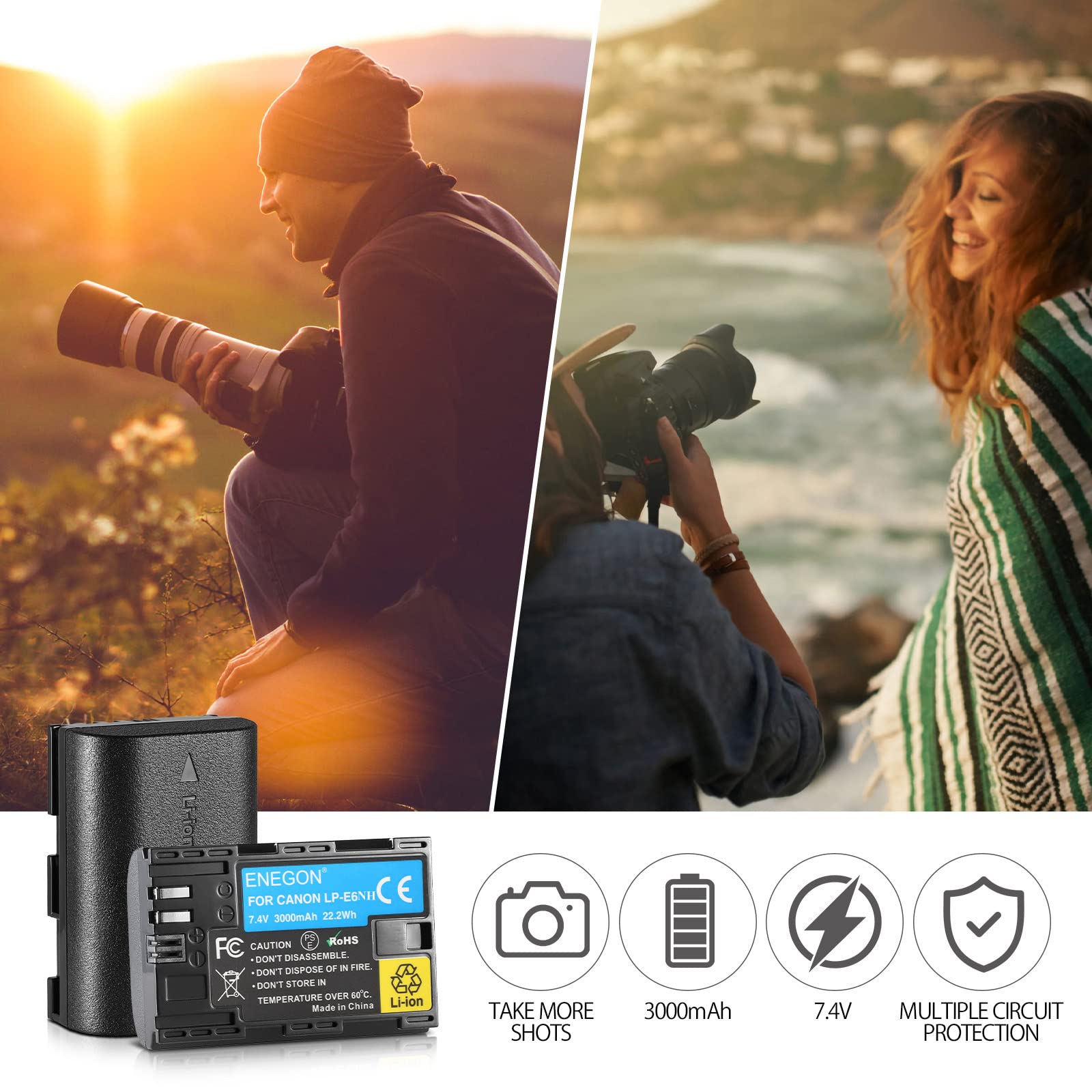 ENEGON LP-E6NH Batteries Li-ION Haute capacité 3000mAh, Batterie de Remplacement pour Canon EOS R, R5C, 5D Mark II, 5D III, 5D IV, 5DS, 5DSR, 6D, 7D, 7D II, 7D III, 80D, 70D, 60D, 60Da, XC10, XC15