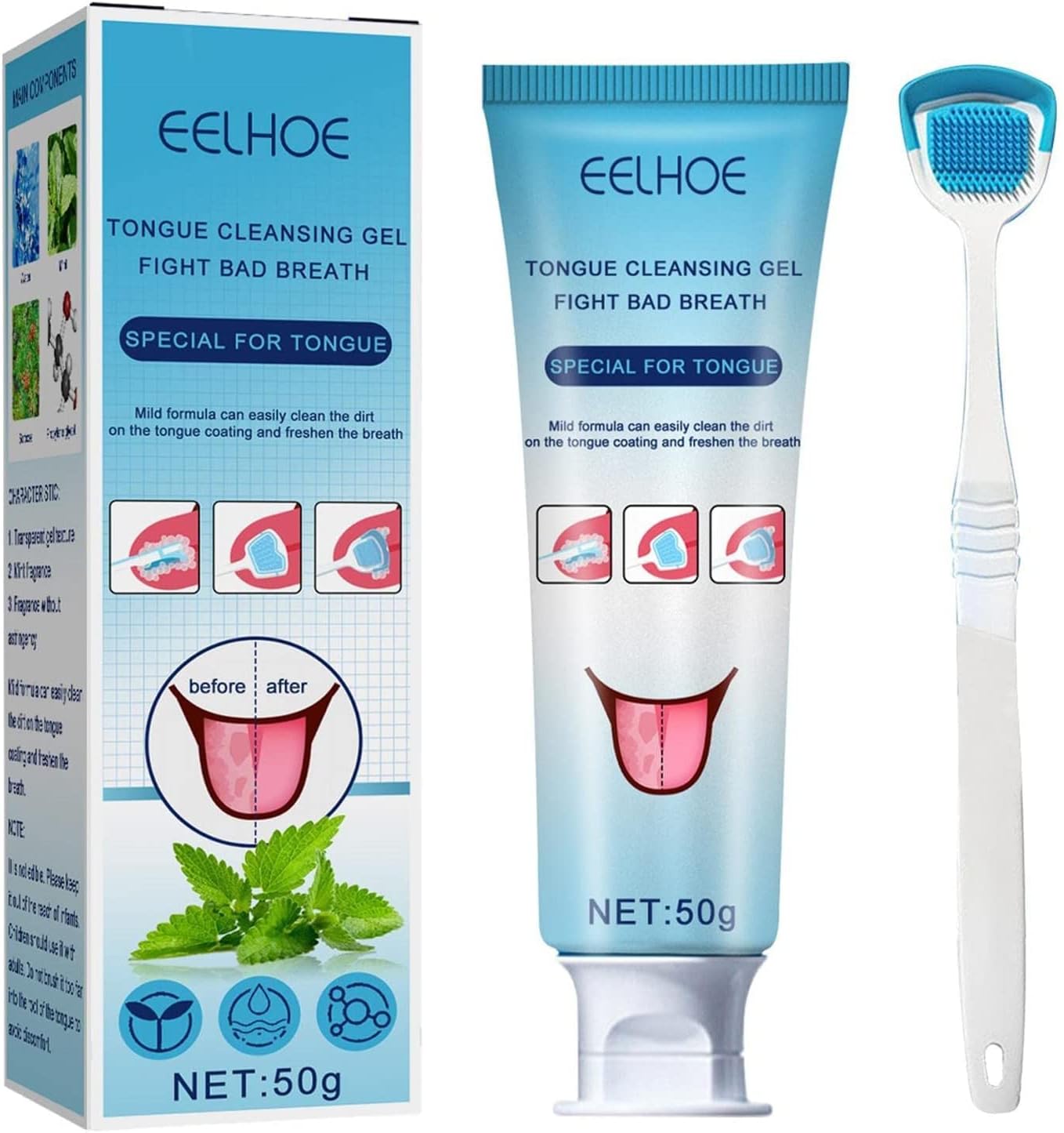 RMHXCC Tongue Cleaning Gel with Cleaner Brush, Tongue Cleaning Brush Kit, Scraper, Scrubber, Mint Scent Freshen Breath, Tongue Cleaner Set for Oral Care, Easy To Use and Clean