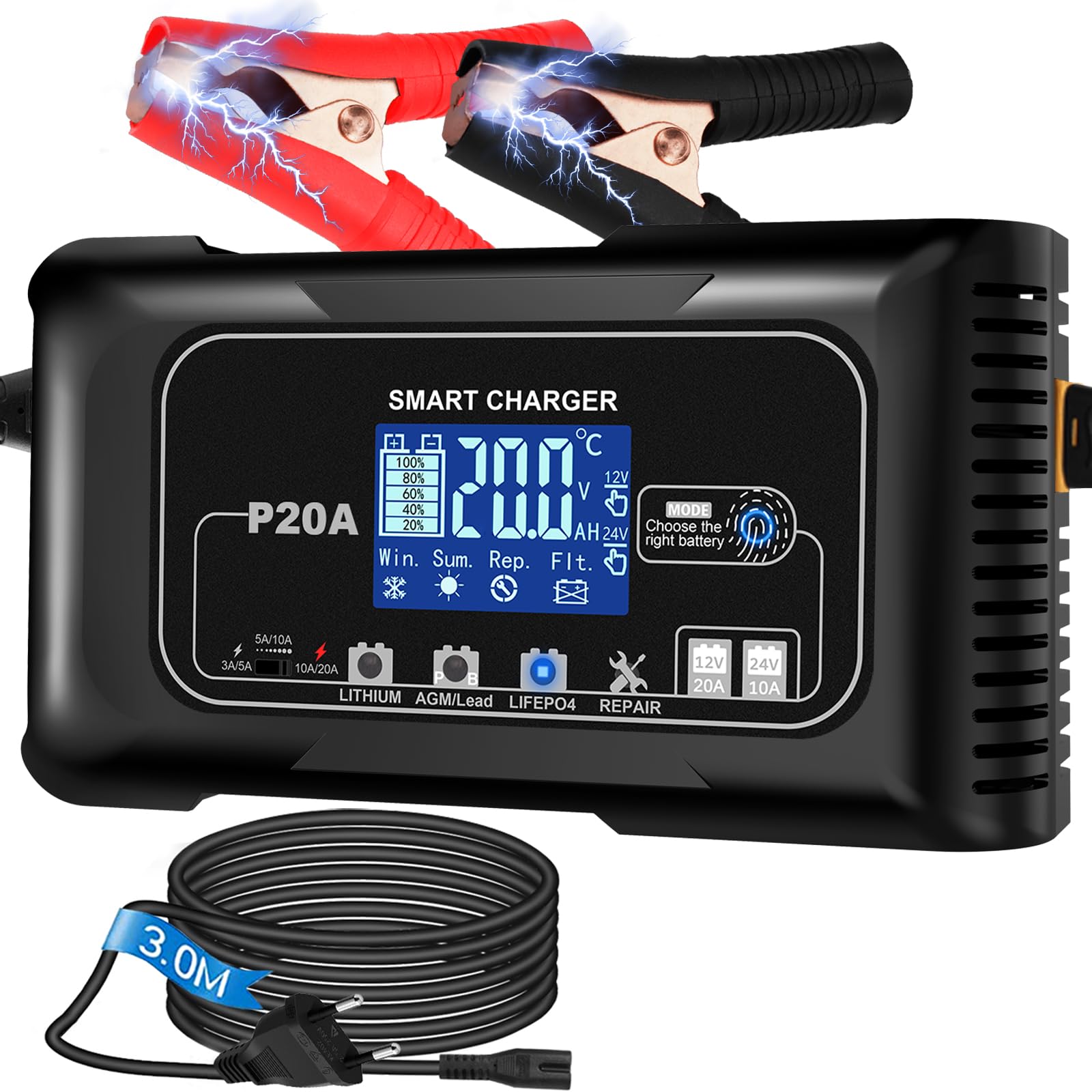 20A Autobatterie Ladegerät 12V/24V mit Ladegerät für LiFePO4 & Blei-Säure-Batterien (AGM, Gel, MF, EFB, SLA usw), Erhaltungsladung, Desulfator, LCD-Display für Auto, Motorrad, Boot, Rasenmäher