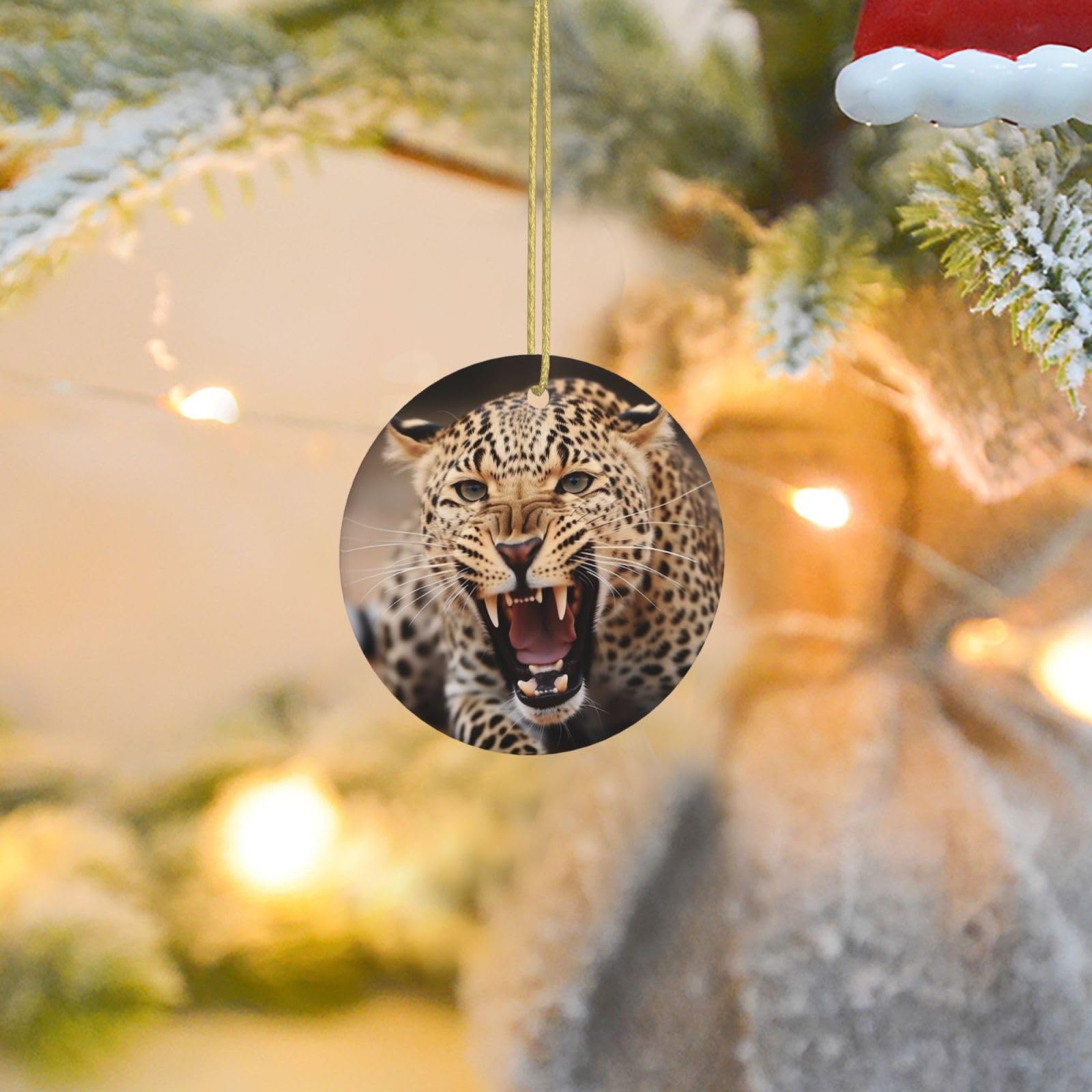 Christmas Tree Ornaments Ceramics Christmas Round Decorations Leopard Roars Cool Animal Ceramics Ornaments Circle Pentagram Xmas Tree Hanging Pendant for Christmas Tree Party Holiday Home Decor