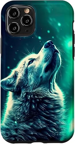 Carcasa para iPhone 11 Pro Howling Wolf In Night Green Northern Lights Lobos Dog Lover Case