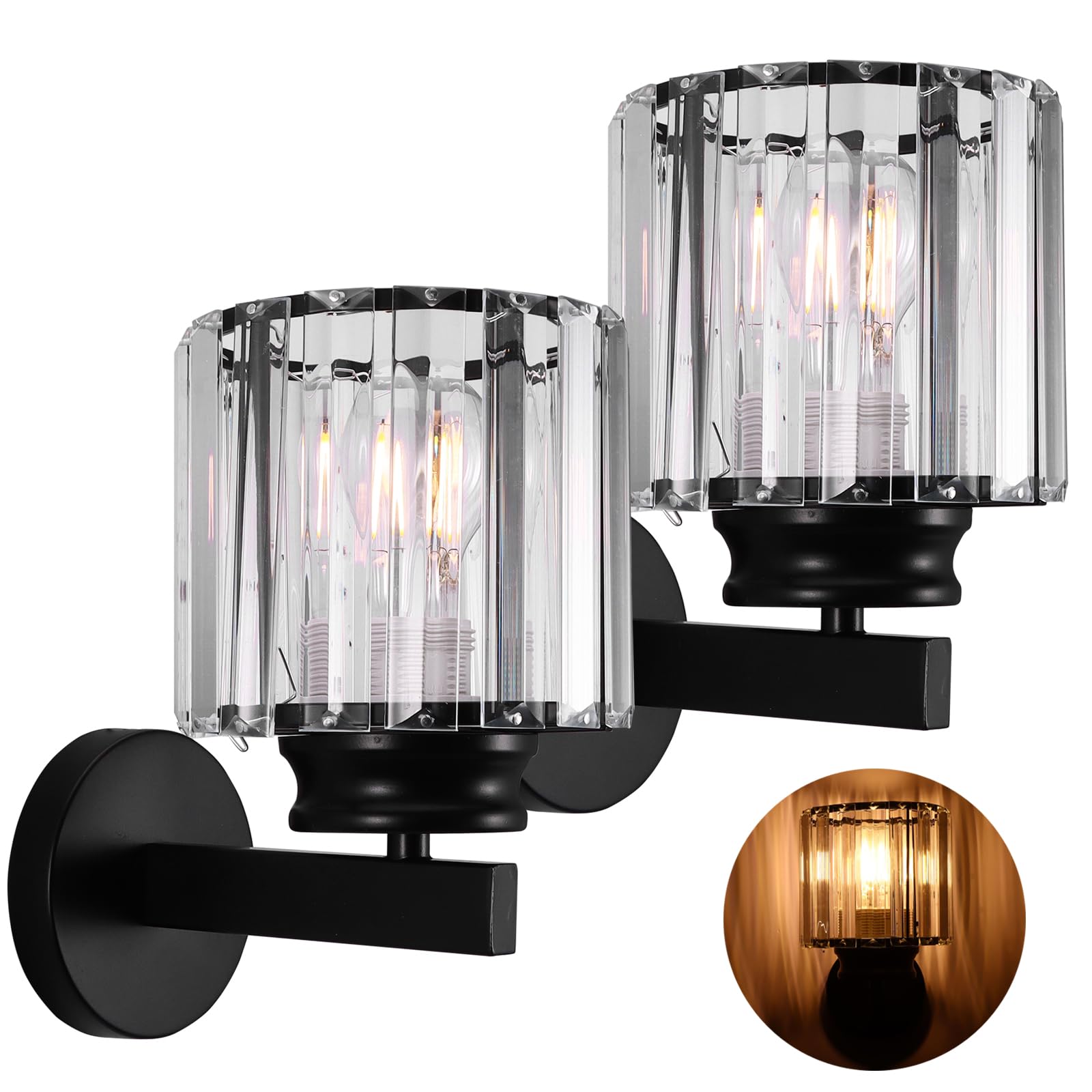 Calivra Modern Crystal Wall Light Sconce, 2 Pack E27 Black Wall Lights