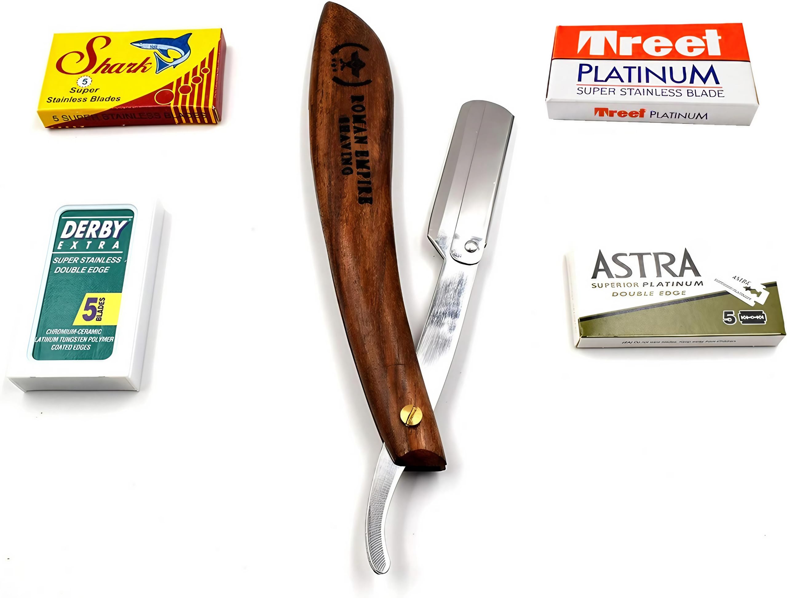 Golączka ręczna Roman Empire Shaving® zestaw brzytwy Poseidon z 20 żyletkami Astra, Derby, Shark, Treet