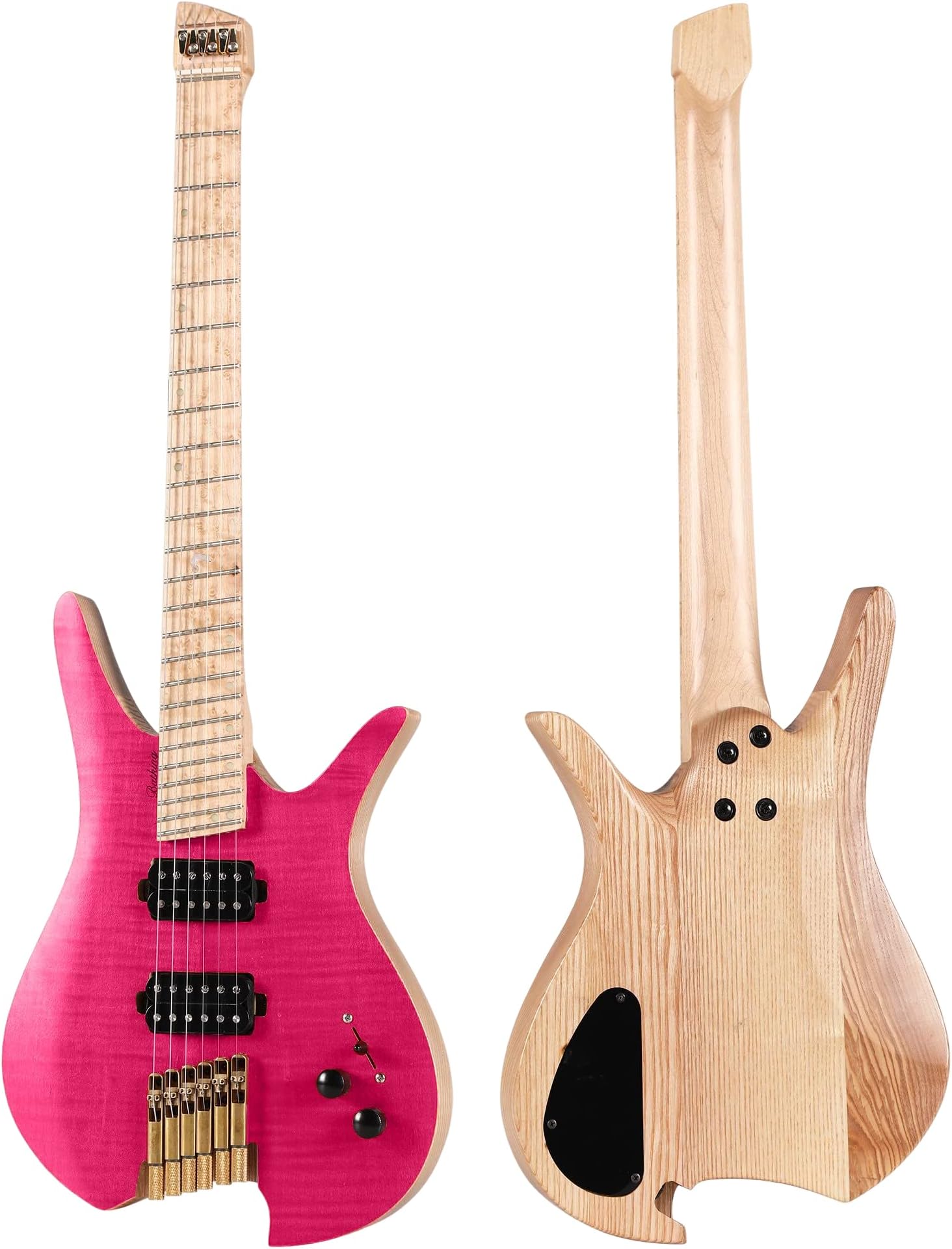 Headless Electric Guitar, 6 String Fanned Fret Travel Guitar (Pink)