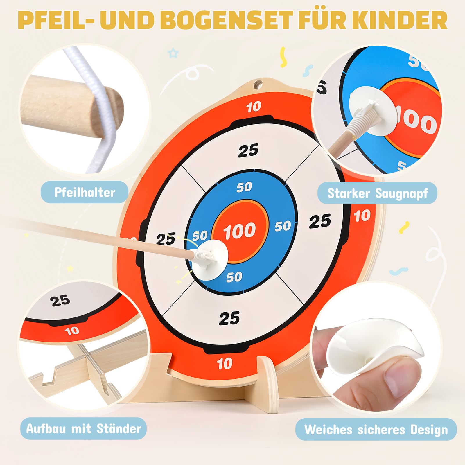 YIMORE Pfeil und Bogen Kinder Set, Bogenschießen Kinder Holzspielzeug mit 6 Saugnapf-Pfeilen, 1 Großes Zielscheibe, 4 Kleine Zielscheiben und Köcher, Kinderbogen für ab 3 Jahre Junge Mädchen