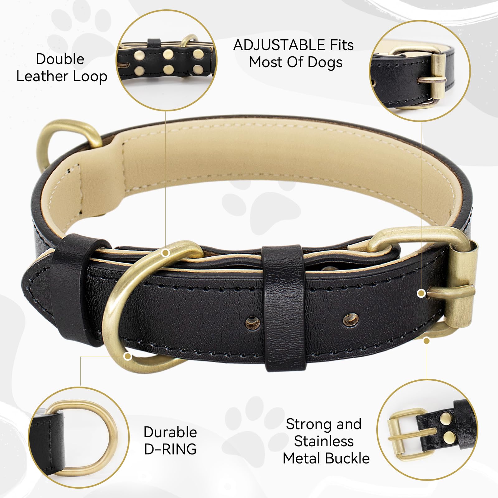 Dote on Leather Dog Collar and Lead Set Adjustable Genuine Soft Leather Dog Collar of Padded for Small Medium Large Dogs(Black, M) - Image 3