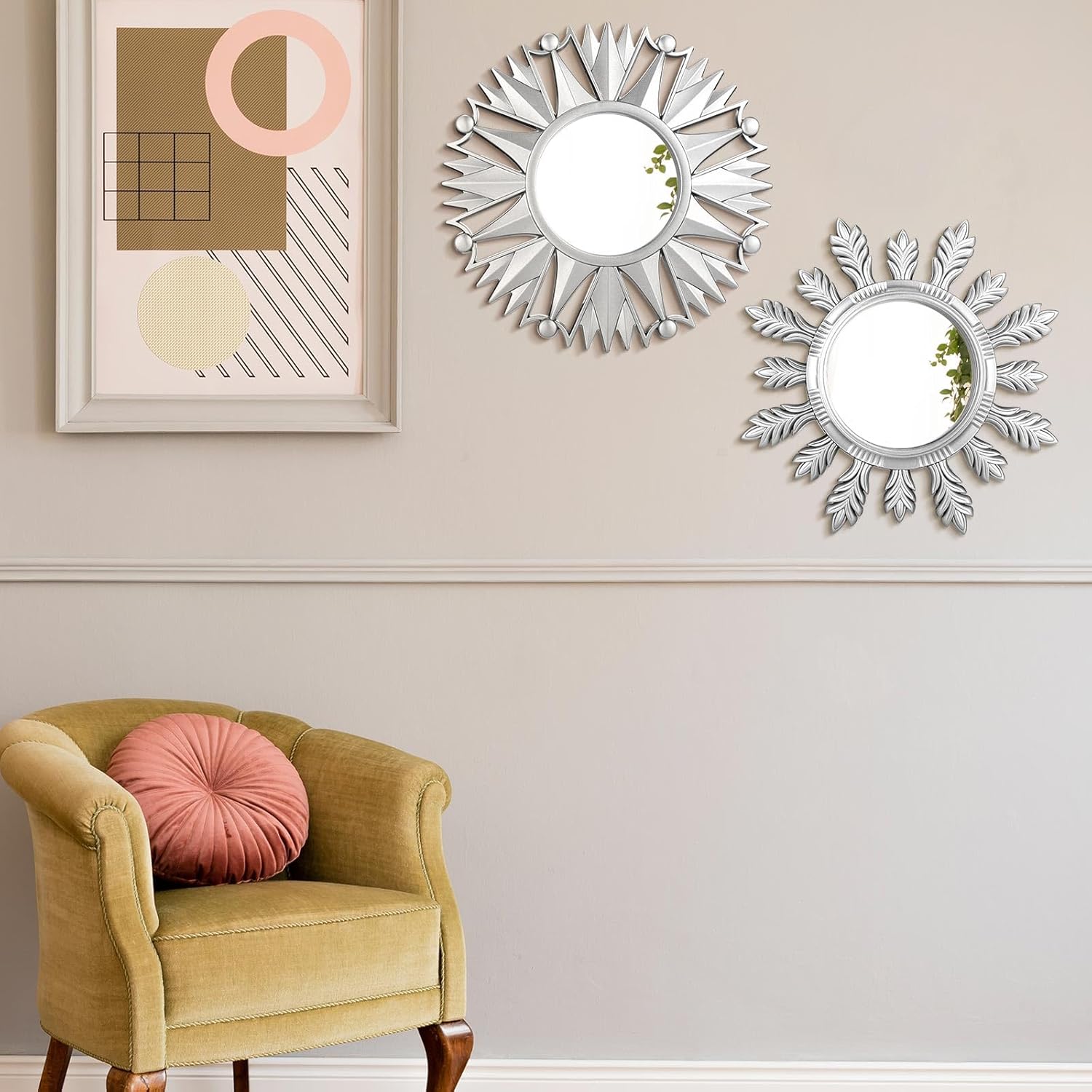 Dandat Set of 4 Gold Mirrors for Wall Decor Small Circle Flowers Mirrors Decorative Silvery Hanging Wall Art Flowers Mirror for Home Living Dinning Room Bedroom Bathroom Boho Art Gifts (Silvery) - Image 7