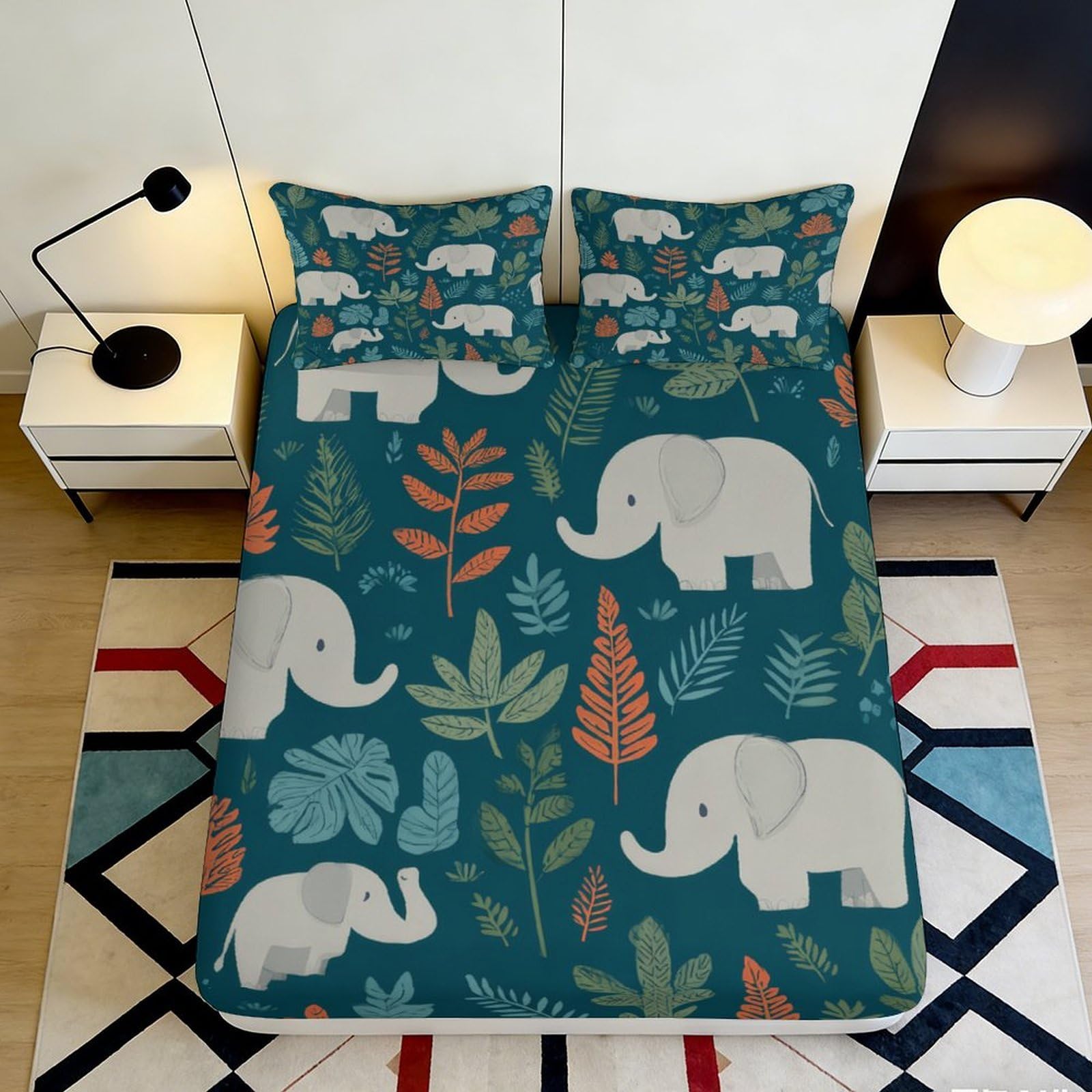 3D Printed Elephant Leaf Fitted Sheet Microfiber Soft Mattress Cover Anti-Slip for Bedroom Guest Room Dormitory Decor 90x200x25cm