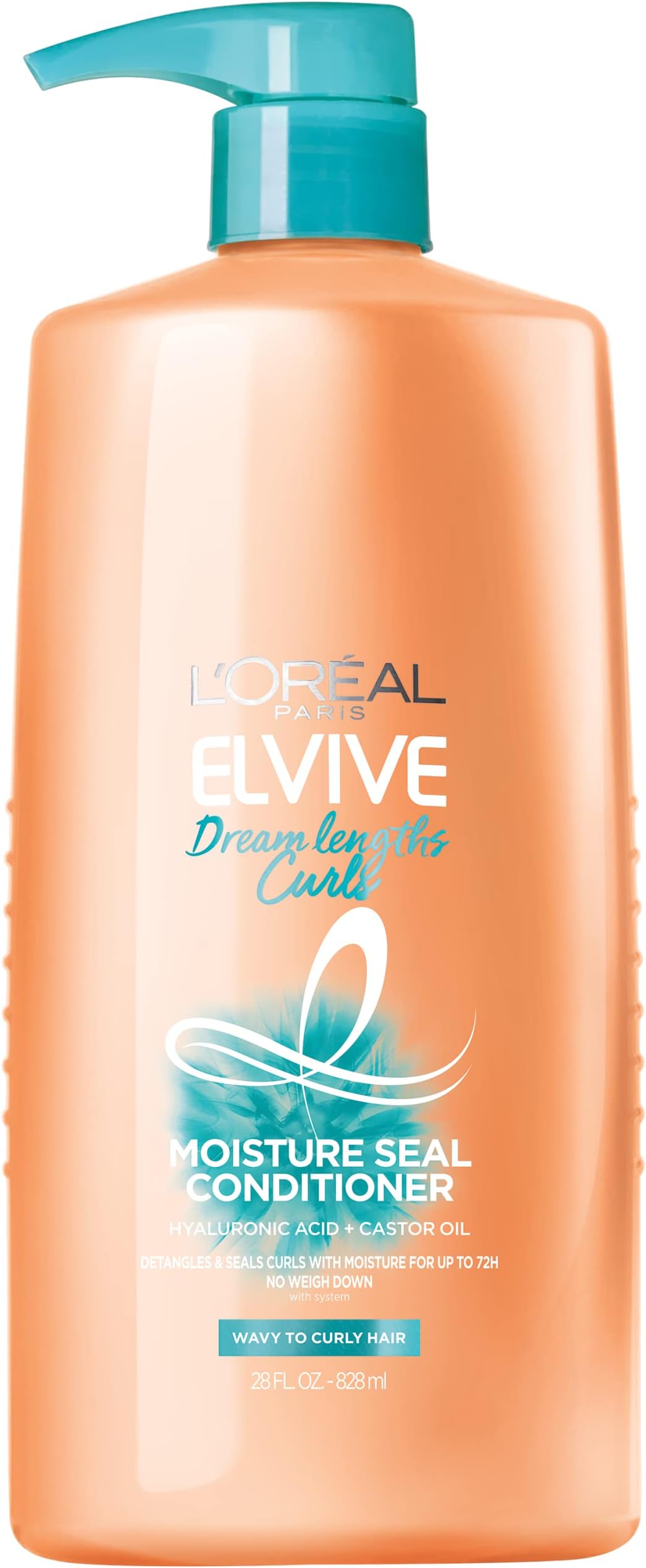 Elvive Dream Lengths Curls Moisture Seal Conditioner, Paraben-Free with Hyaluronic Acid and Castor Oil. Best for wavy hair to curly hair, 28 fl oz