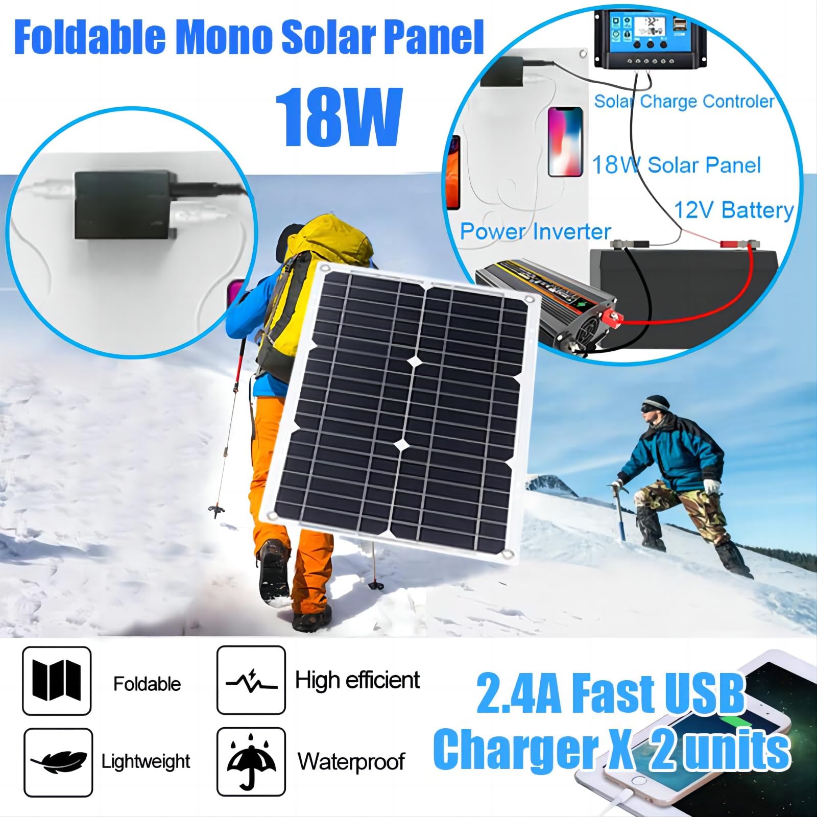 Kit Solaire Complet 18W 12V Avec Panneau, Contrôleur 30A Et Onduleur 300W - Pour Camping, Bateau, Urgence