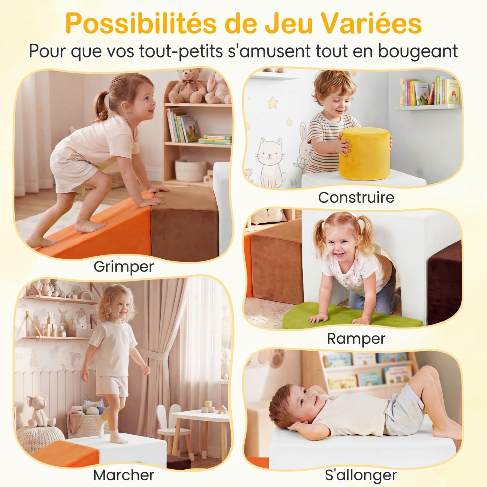 COSTWAY 6PCS Parcours Motricité Bébé en Mousse avec Housse Amovible et Lavable en Velours, Module Motricité Bébé avec Diverses Couleurs & Formes, Jouets Éducatifs Intérieur pour Ramper Grimper (Blanc)