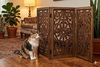 IAnanas Dekoratives Hundegitter Holz 180×84 cm – 4-teiliges, Orientalisch Geschnitztes Haustiergitter – Verstellbar, ohne Bohren – Stilvolles Absperrgitter für Hunde, Innenbereich, Braun, Raumteiler