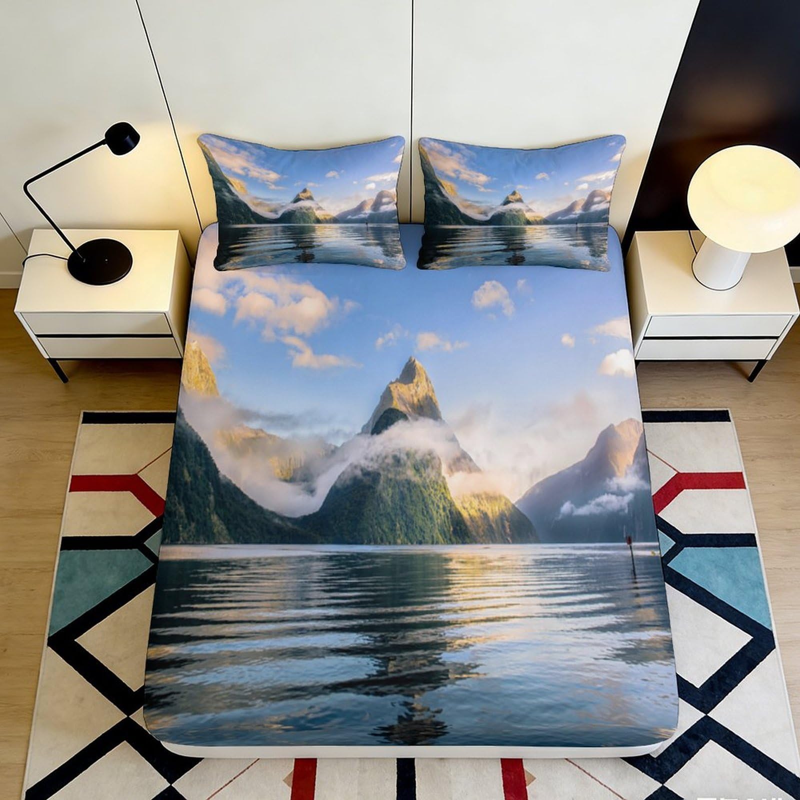 3D Printed Mountain Lake Fitted Sheet Microfiber Soft Breathable Scenic Nature Mattress Cover for Bedroom Dormitory Guest Room Mattress Protection Decor 180x200x25cm