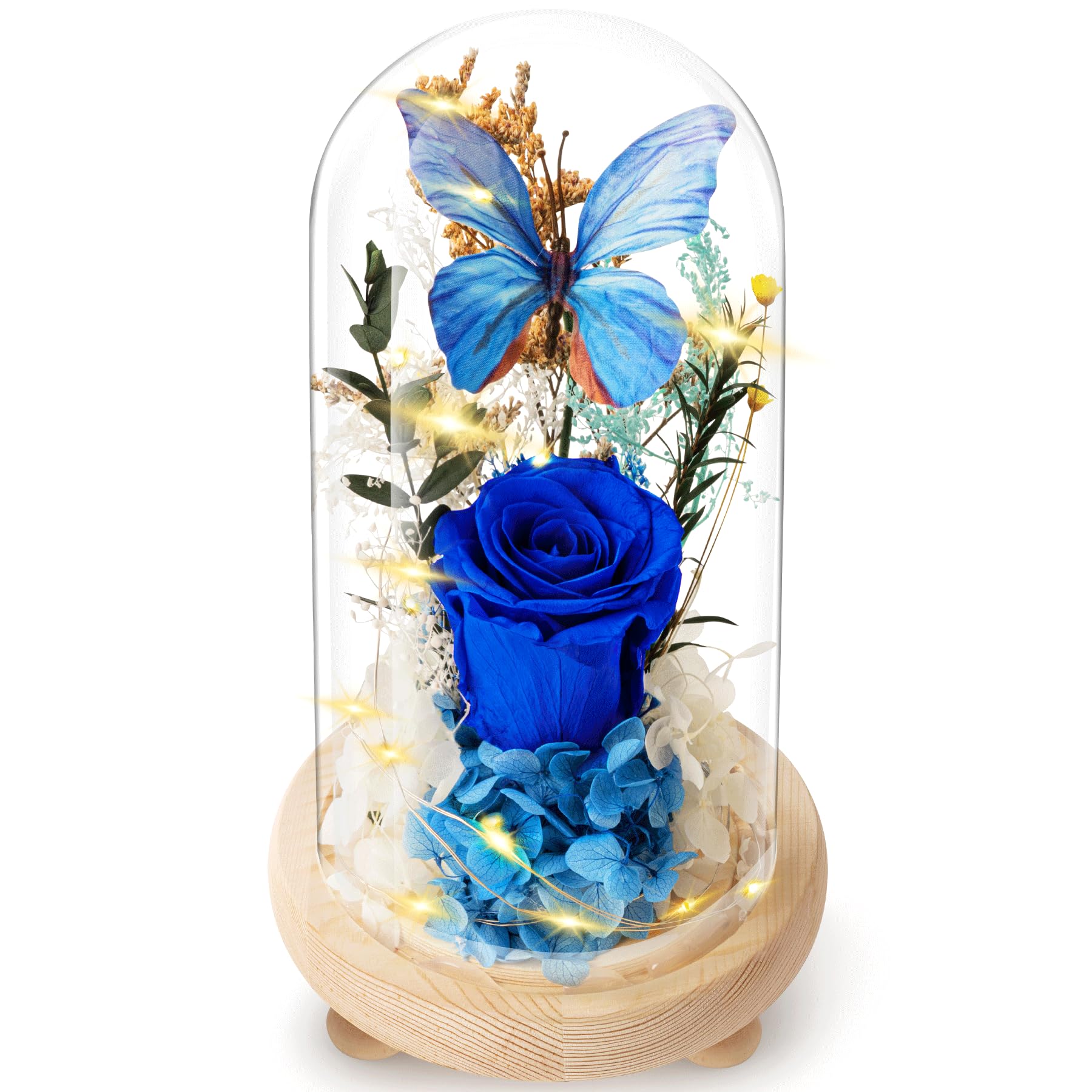 Forever Flowers Preserved Roses with Light in Glass Dome, Romantic Gifts for Mom Wife Girlfriend Grandma, Blue Flower for Christmas, Valentine's Day, Anniversary, Birthday.Prime Delivery