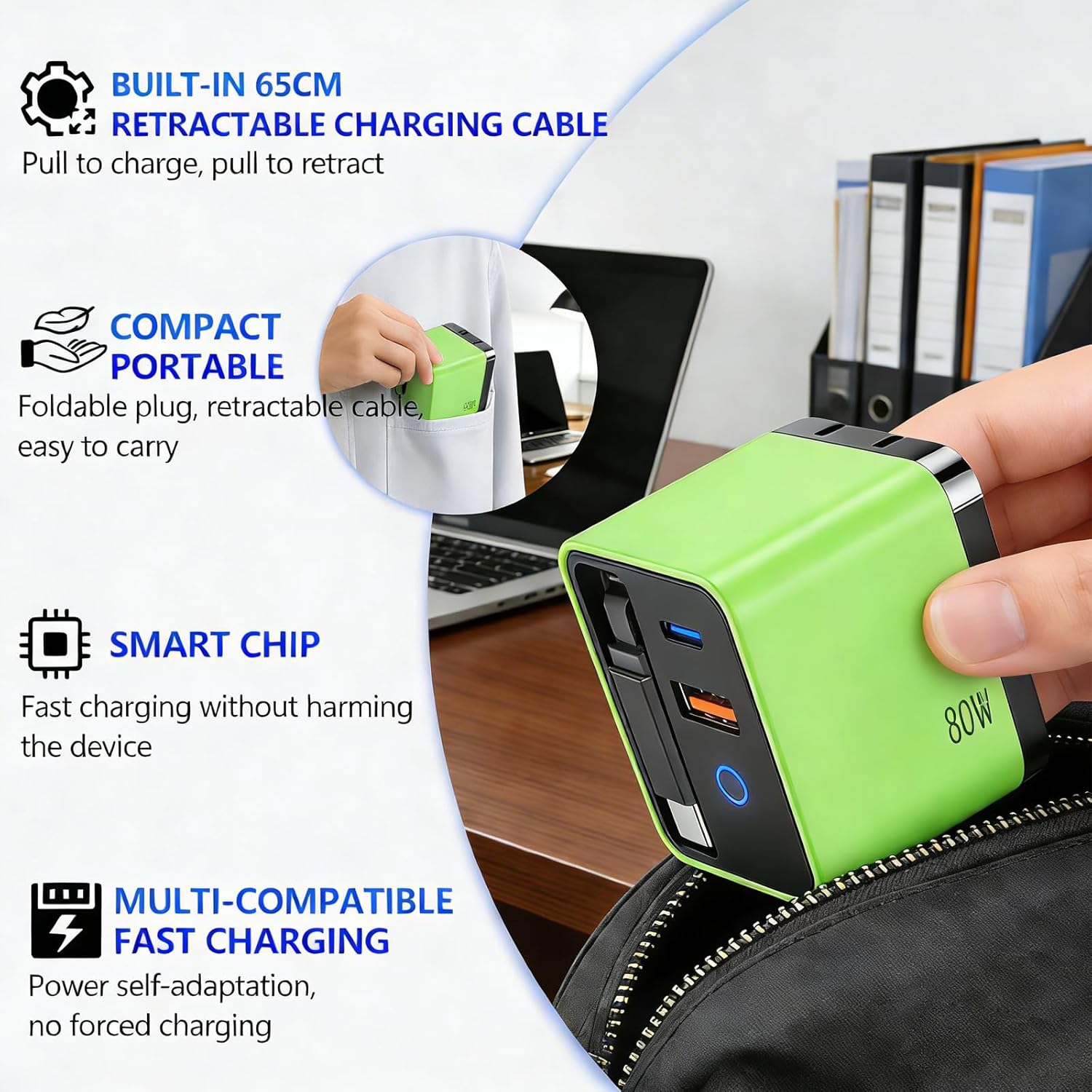 80W USB-C Retractable Fast Charger, PD Wall Charger with Built-in Retractable USB-C Cable, Portable Power Adapter for iPhone 17 Pro Max/16/15, Samsung, iPad, MacBook Air & USB-C Devices (Green, 10)
