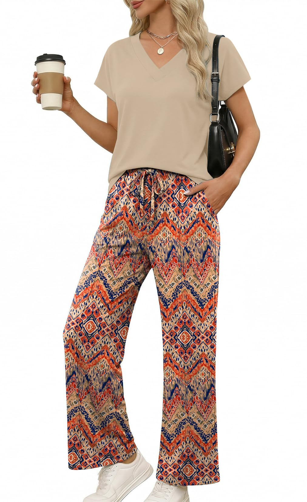 XIEERDUO Women's 2 Piece Sets Summer Beach Vacation Cruise Travel Outfits Printed Wide Leg Pant V Neck Cap Sleeve Tops — view 2