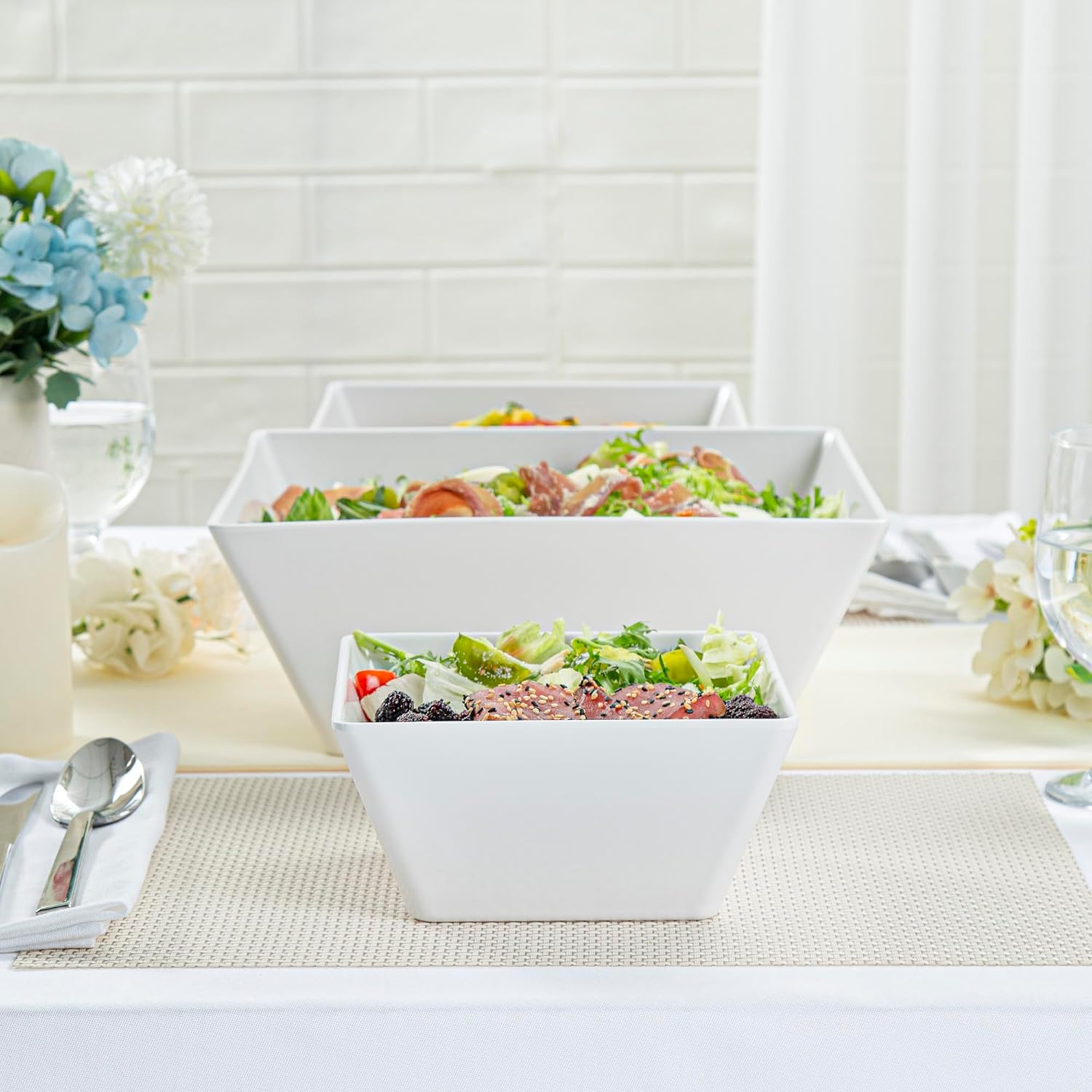Restaurantware-45 Ounce Deep Soup Bowls, 10 Dishwashable Square Serving Bowls - Shatter-Resistant, White Melamine Salad Eating Bowl, Serve Side Dishes, Entrees, And Snacks, For Parties Or Events