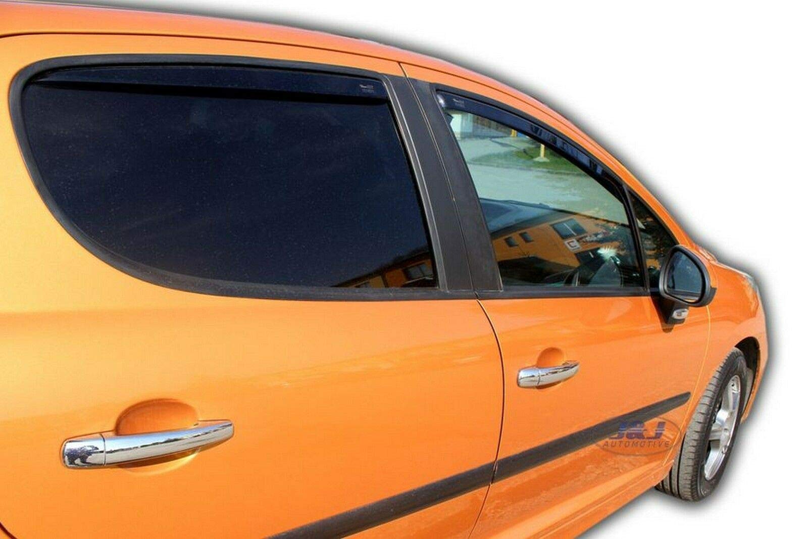 J&J AUTOMOTIVE Windabweiser passend für Peugeot 207 5-Türer Schrägheck 2006-2012 4tlg, Heko Regenabweiser Vorne Hinten Getönt Dunkel Passform