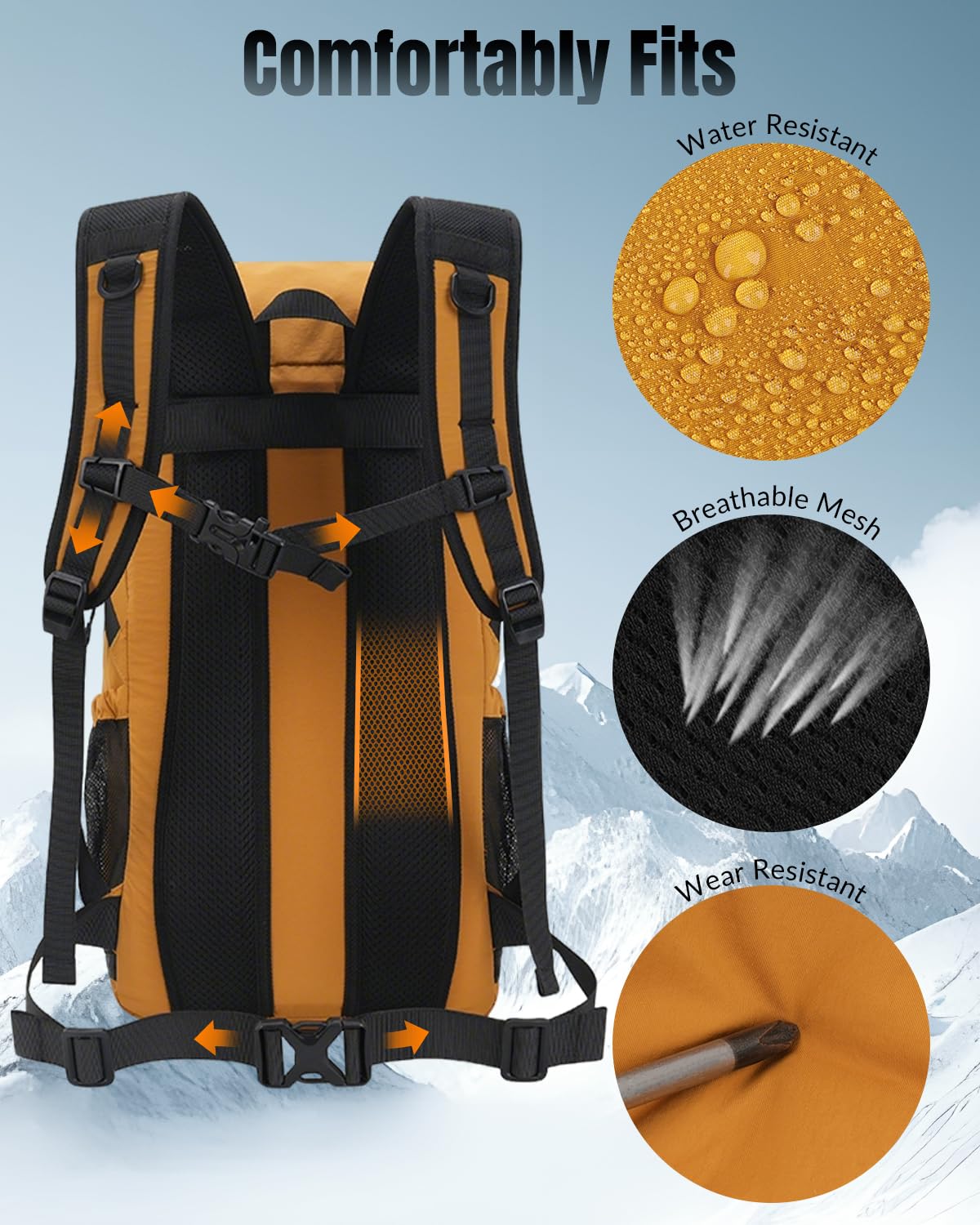 Zaino da trekking da 25 l, con tasca rimovibile, piccolo zaino da trekking in nylon, unisex, leggero, per campeggio, escursionismo, viaggi, colore giallo