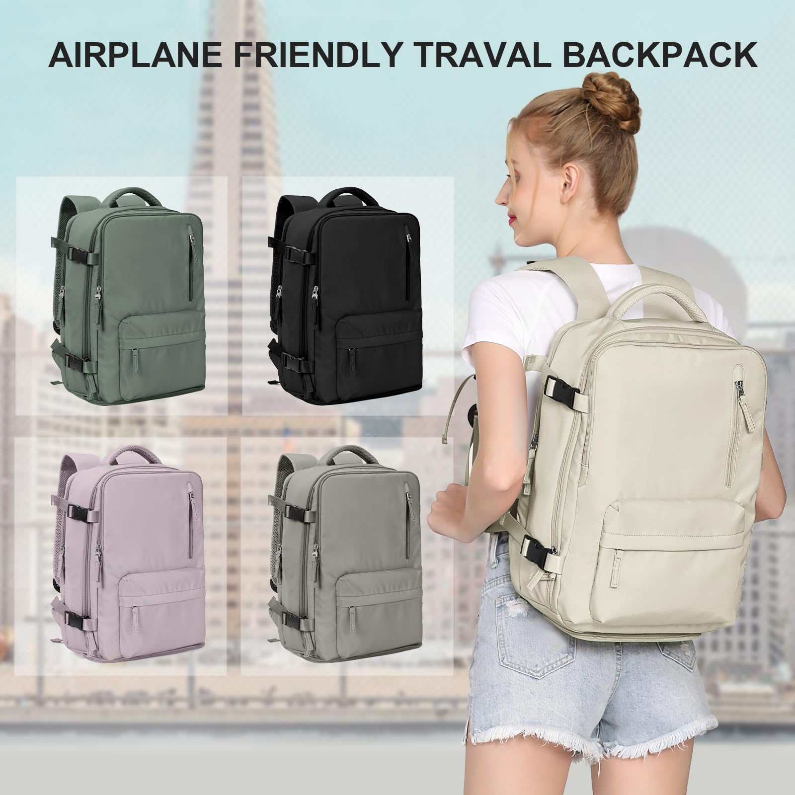 Cabin Bags for Travel, Underseat Carry on Hand Luggage Backpack for Women Airplane Approved Travel Backpack Personal Item Travel Bag 14 inch Laptop Backpack for Business Casual Work Beige — view 2